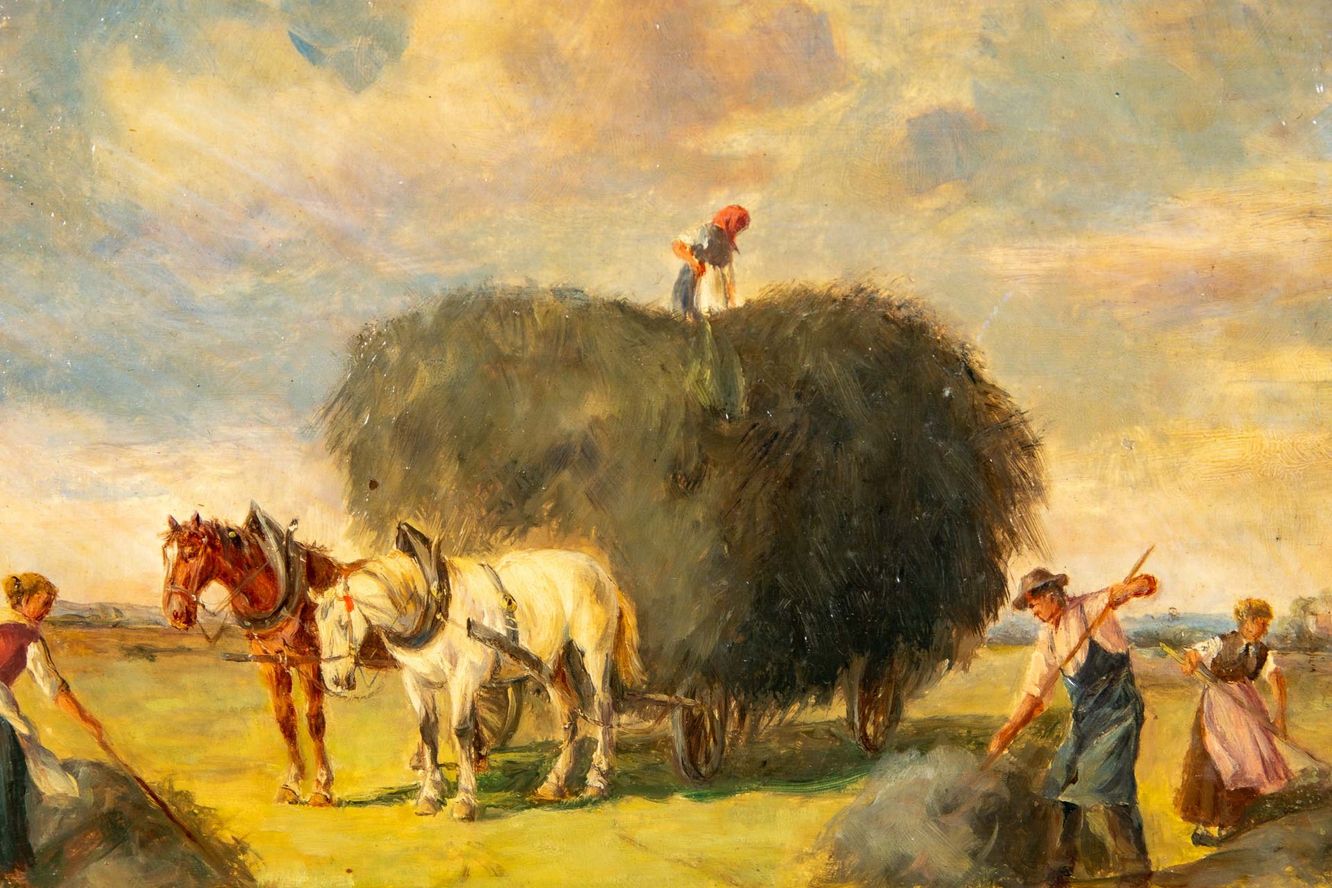 "Heuernte", kleinformatiges Gemälde, Öl auf Schichtholztafel, ca. 18 x 28 cm, unten rechts signiert - Image 4 of 8