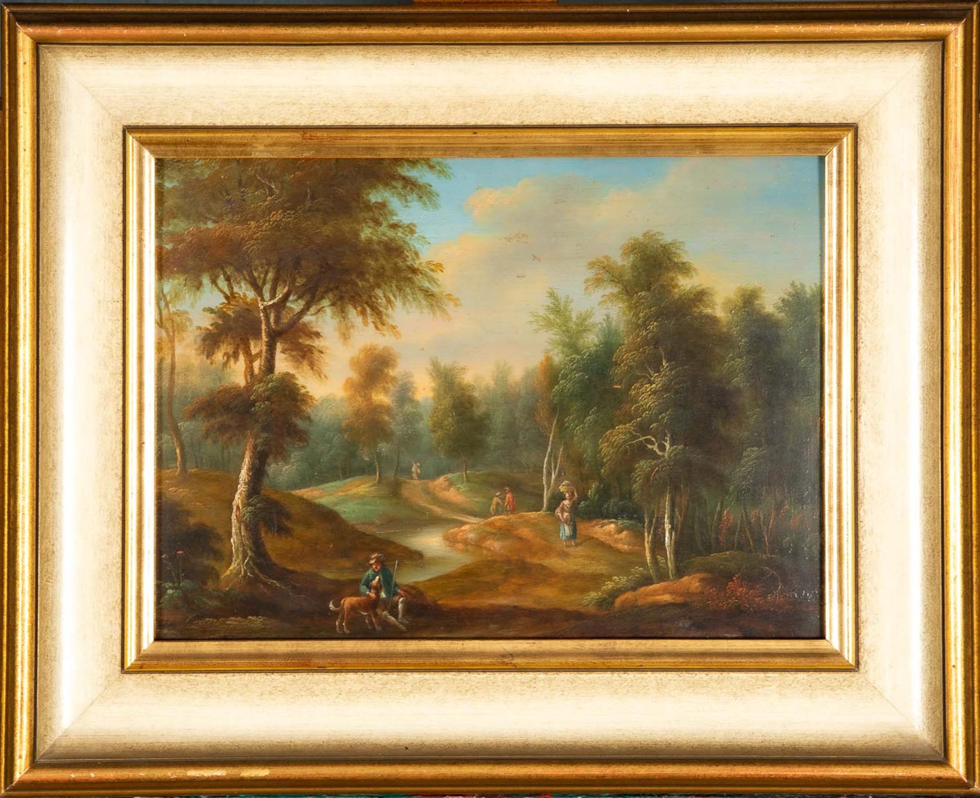 "Weite hügelige Waldlandschaft" mit Figurenstaffage, Gemälde, 18./19. Jhdt., Öl auf Holztafel, ca.