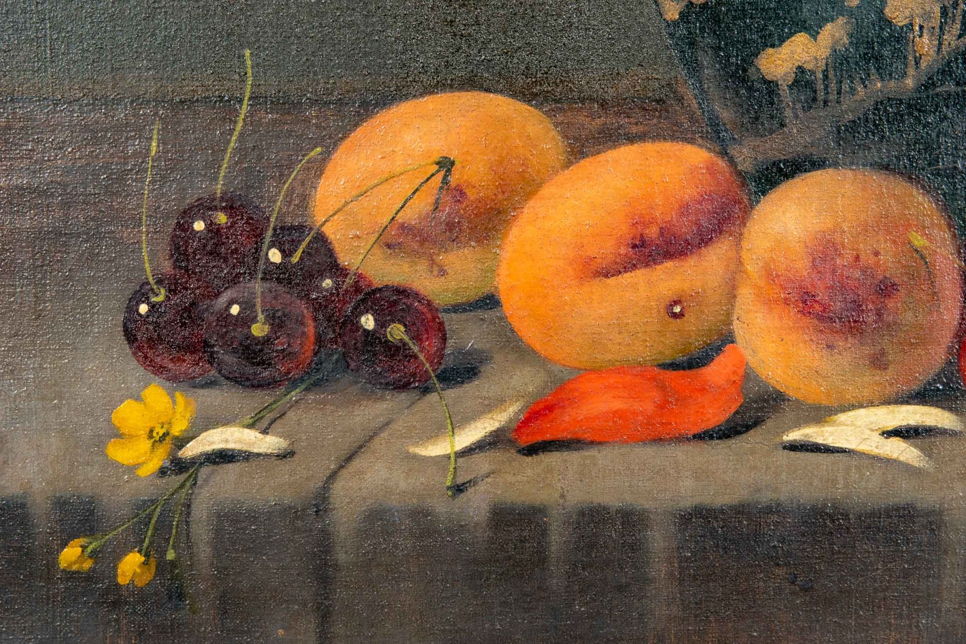 Stilleben mit Aprikosen und Kirschen, deutsch um 1900 / 20, unten rechts signiert: M. O.Beyer, Düss - Image 6 of 7