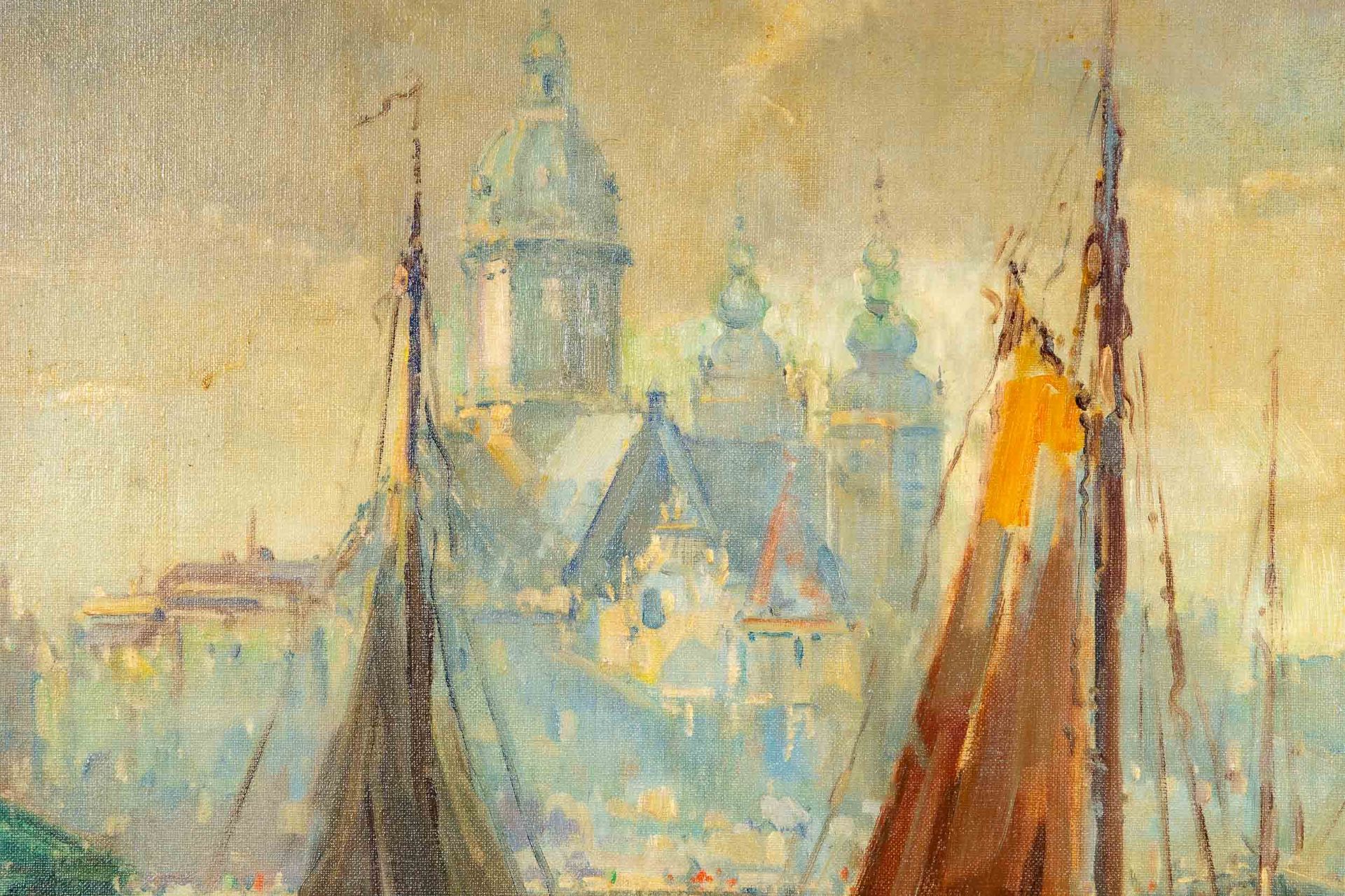 "Segelboote im Hafen vor städtischer Kulisse", Gemälde Öl auf Leinwand, unten rechts sign.: Otto HA - Bild 5 aus 10