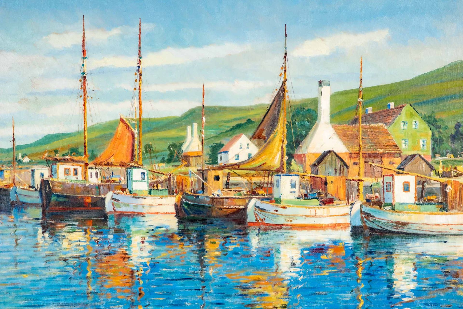 "Farbenfroher dänischer Hafen", großformatiges Gemälde, ca. 88 x 130 cm, unten links signiert: "Aru - Bild 3 aus 8