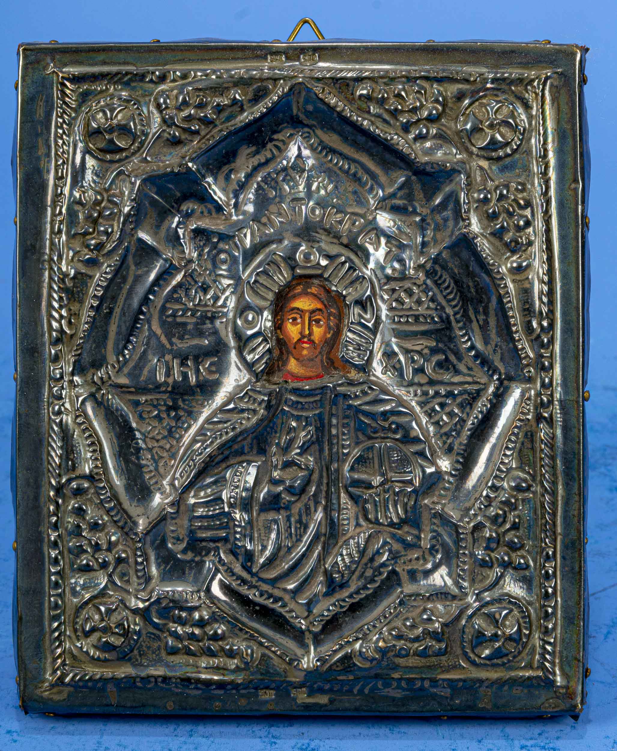 Kleinformatige Silberoklad - Ikone des 20. Jhdts., das handgemalte Gesicht von Oklad umgeben, rücks