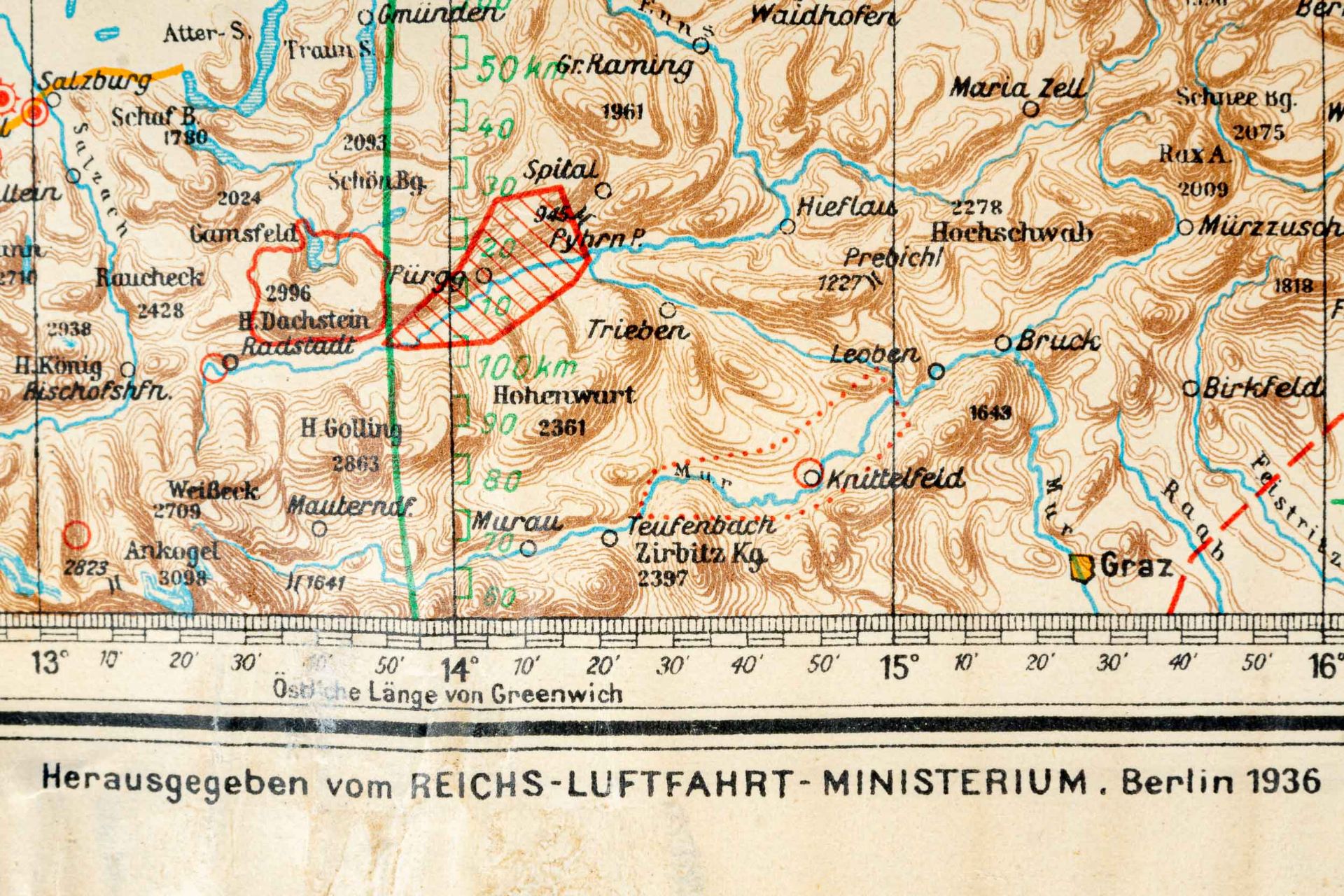 "LUFTNAVIGATIONSKARTE" der deutschen Luftwaffe um 1938; ca. 54,5 x 67 cm, Erhaltungsmängel, Randsc - Image 3 of 11