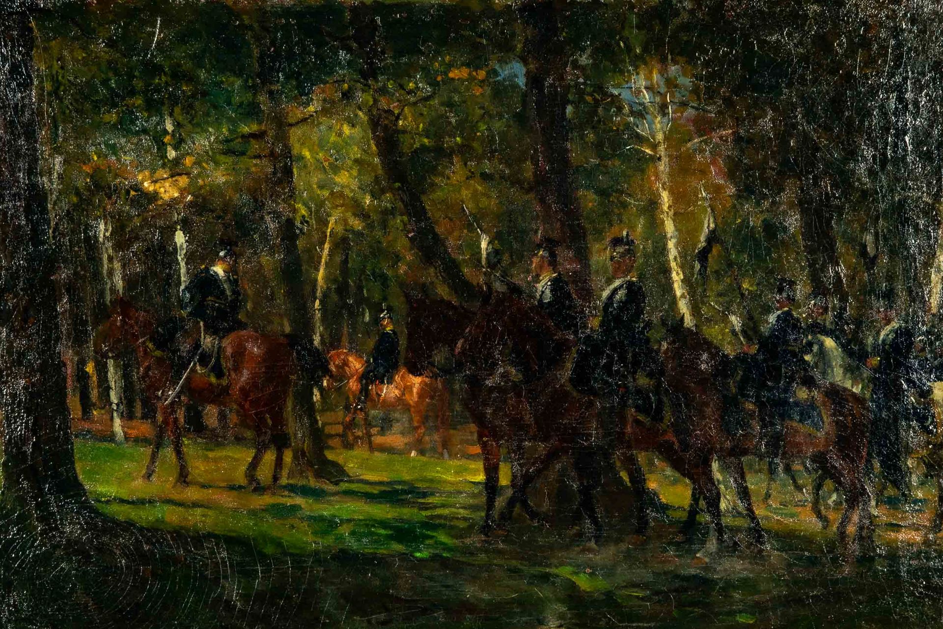 "Preußische Kavallerie in sommerlichem Wald" - Gemälde, Öl auf Leinwand, ca. 43 x 62 cm, unten rech - Image 3 of 10