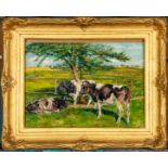 "3 Jungkühe am Gatter" unter einem Baum Schatten suchend. Gemälde Öl auf Platte, ca. 30 x 40 cm, un