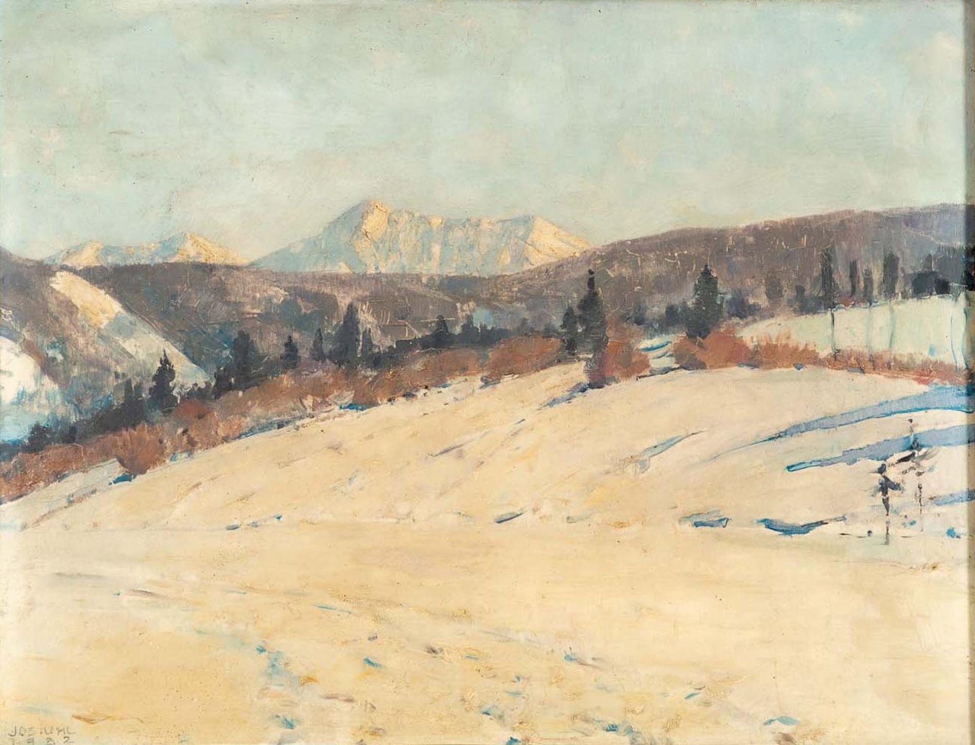 "Alpine Schneelandschaft", Öl auf Schichtholzplatte, unten links sign.: Jos. Uhl, 1932 datiert. Jos - Image 2 of 10