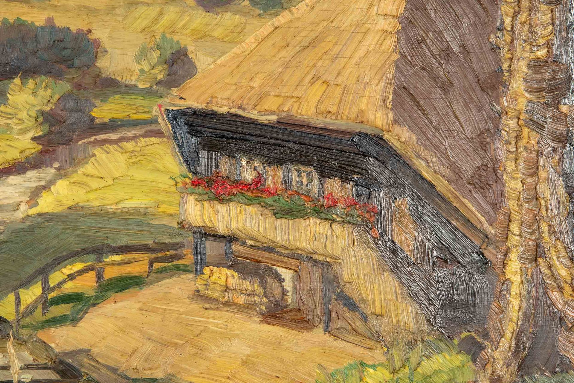 "Bauernhaus in sommerlicher, bergiger Landschaft", Gemälde, Öl auf Schichtholzplatte, ca. 38,5 x 50 - Bild 4 aus 7