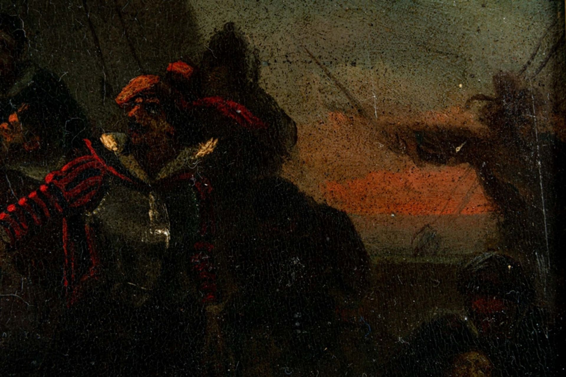 "Anlandende Truppen", kleinformatiges Gemälde des 18. Jhdts., Öl auf Holztafel, ca. 19 x 22 cm, uns - Image 6 of 7