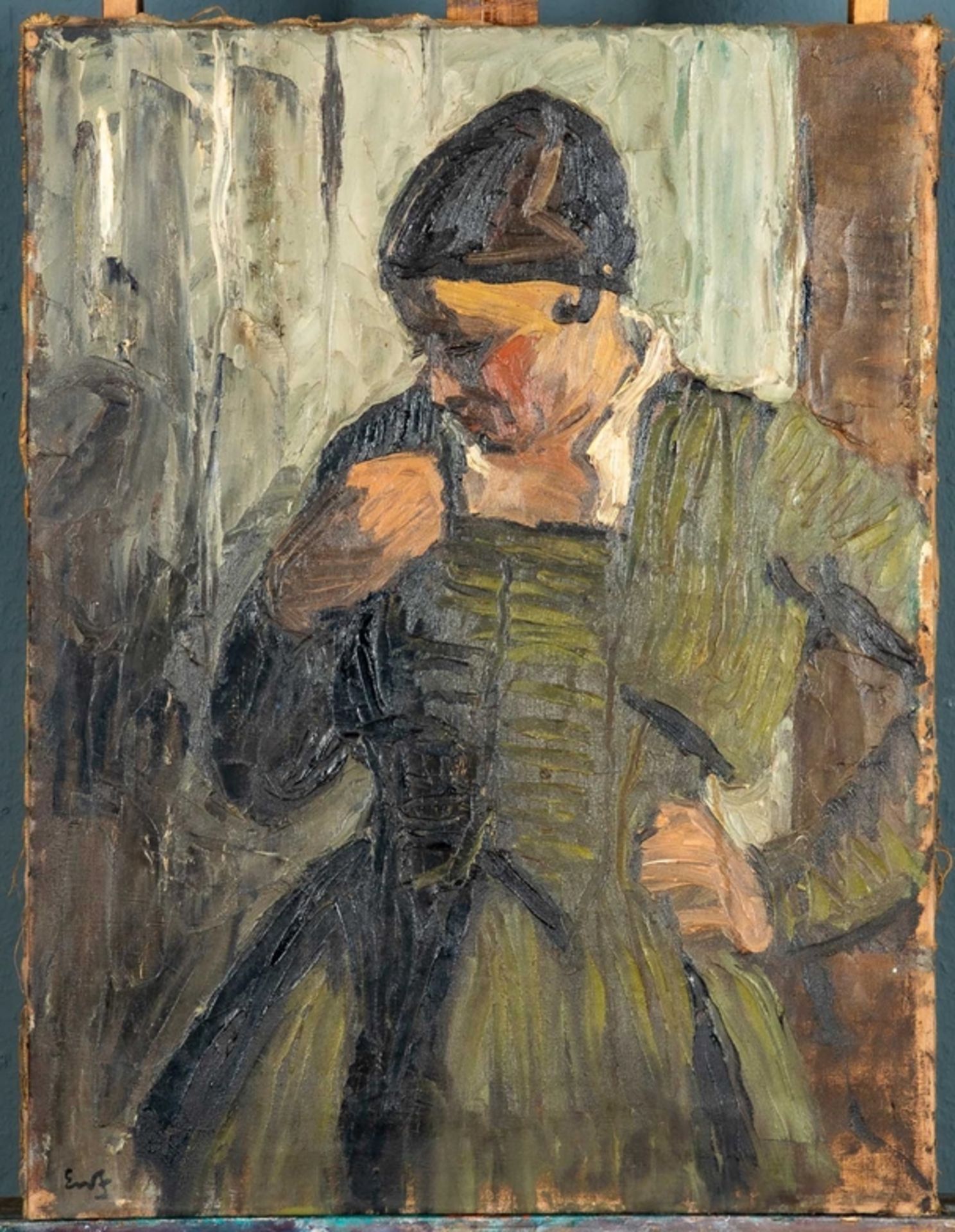 "Dame in grünem Kleid", Gemälde, Öl auf Leinwand, unten links monagrammiert: EWJ = Erik William Joh