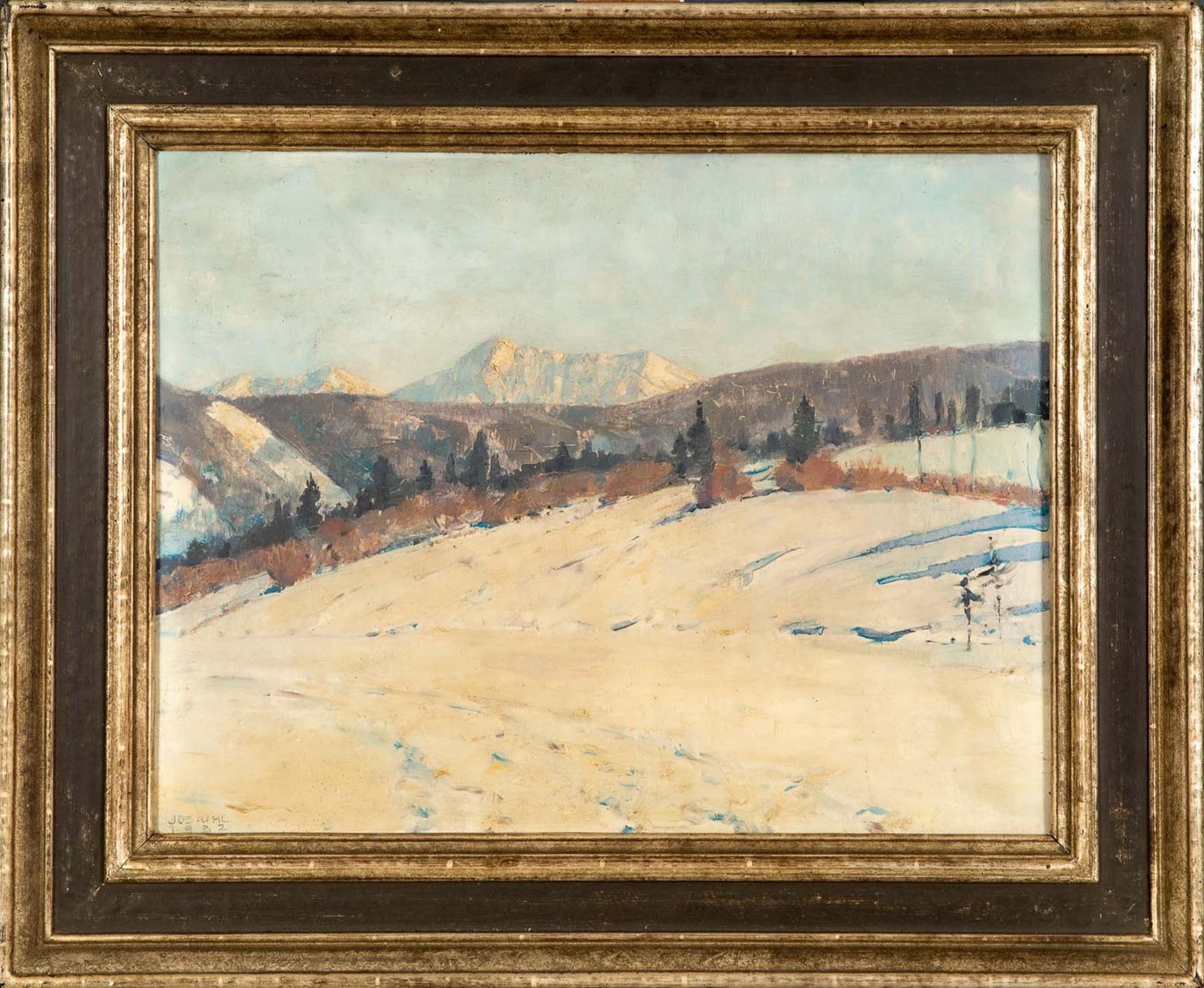"Alpine Schneelandschaft", Öl auf Schichtholzplatte, unten links sign.: Jos. Uhl, 1932 datiert. Jos