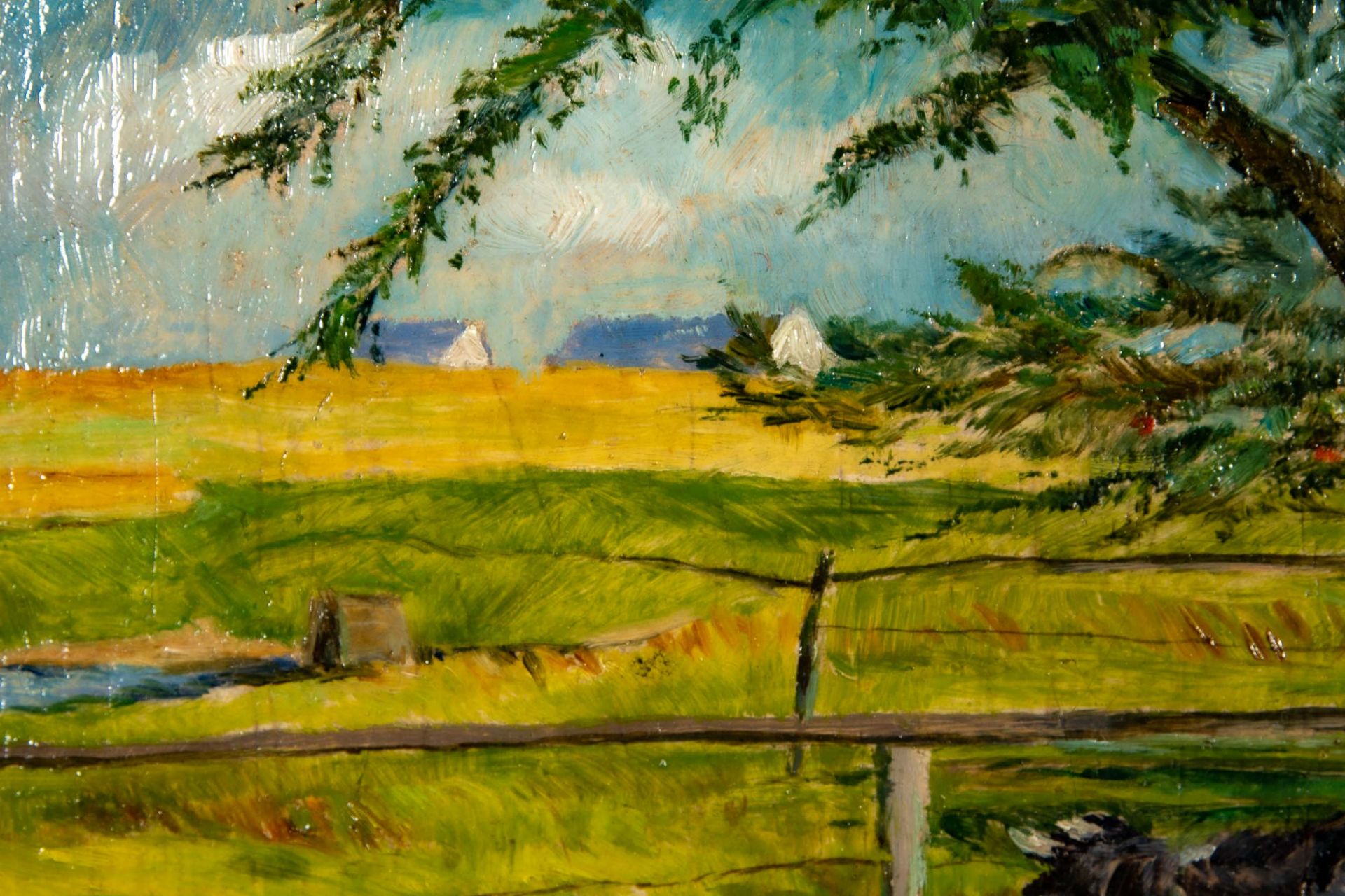 "3 Jungkühe am Gatter" unter einem Baum Schatten suchend. Gemälde Öl auf Platte, ca. 30 x 40 cm, un - Image 6 of 14