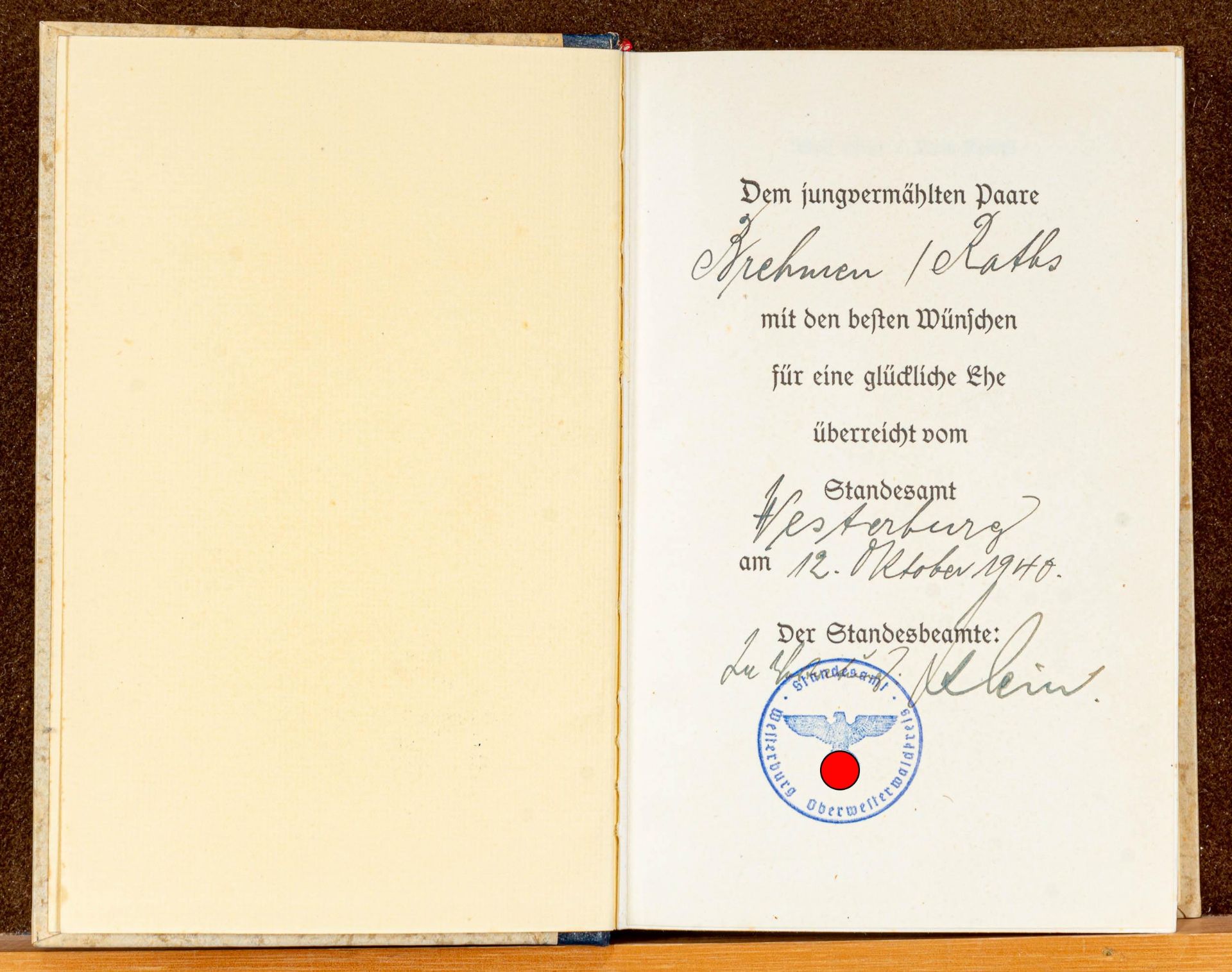 A.H. "Mein Kampf", Hochzeitsausgabe, gegeben am 12. 10. 1940, 524/ 528000 Auflage. Guter, gebraucht - Image 2 of 3