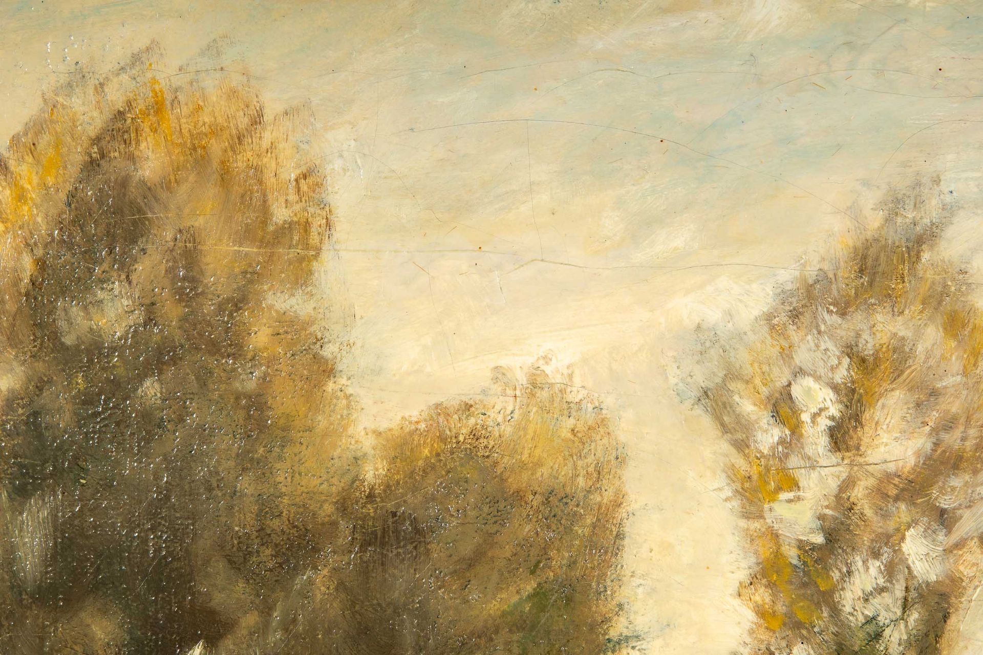 "Uferpartie", Gemälde, Öl auf Leinwand ca. 53 x 100 cm. Herbstliche Landschaft mit Dorfidyll an fli - Image 10 of 19