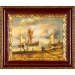 "Küstenstreifen mit Segelschiff & Booten", Gemälde, Öl auf Holztafel, ca. 25 x 20 cm; unten rechts