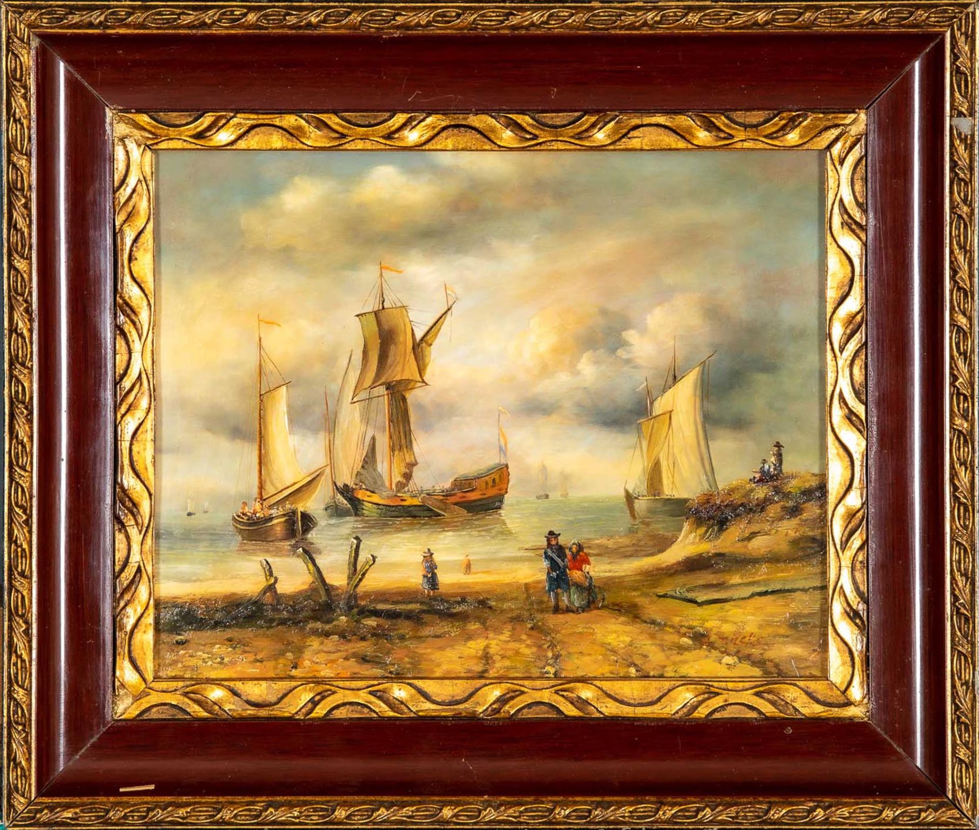 "Küstenstreifen mit Segelschiff & Booten", Gemälde, Öl auf Holztafel, ca. 25 x 20 cm; unten rechts
