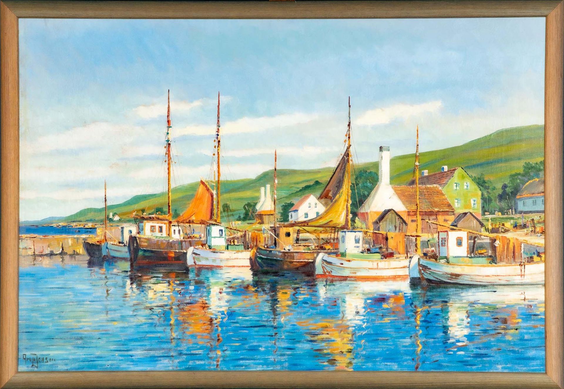 "Farbenfroher dänischer Hafen", großformatiges Gemälde, ca. 88 x 130 cm, unten links signiert: "Aru
