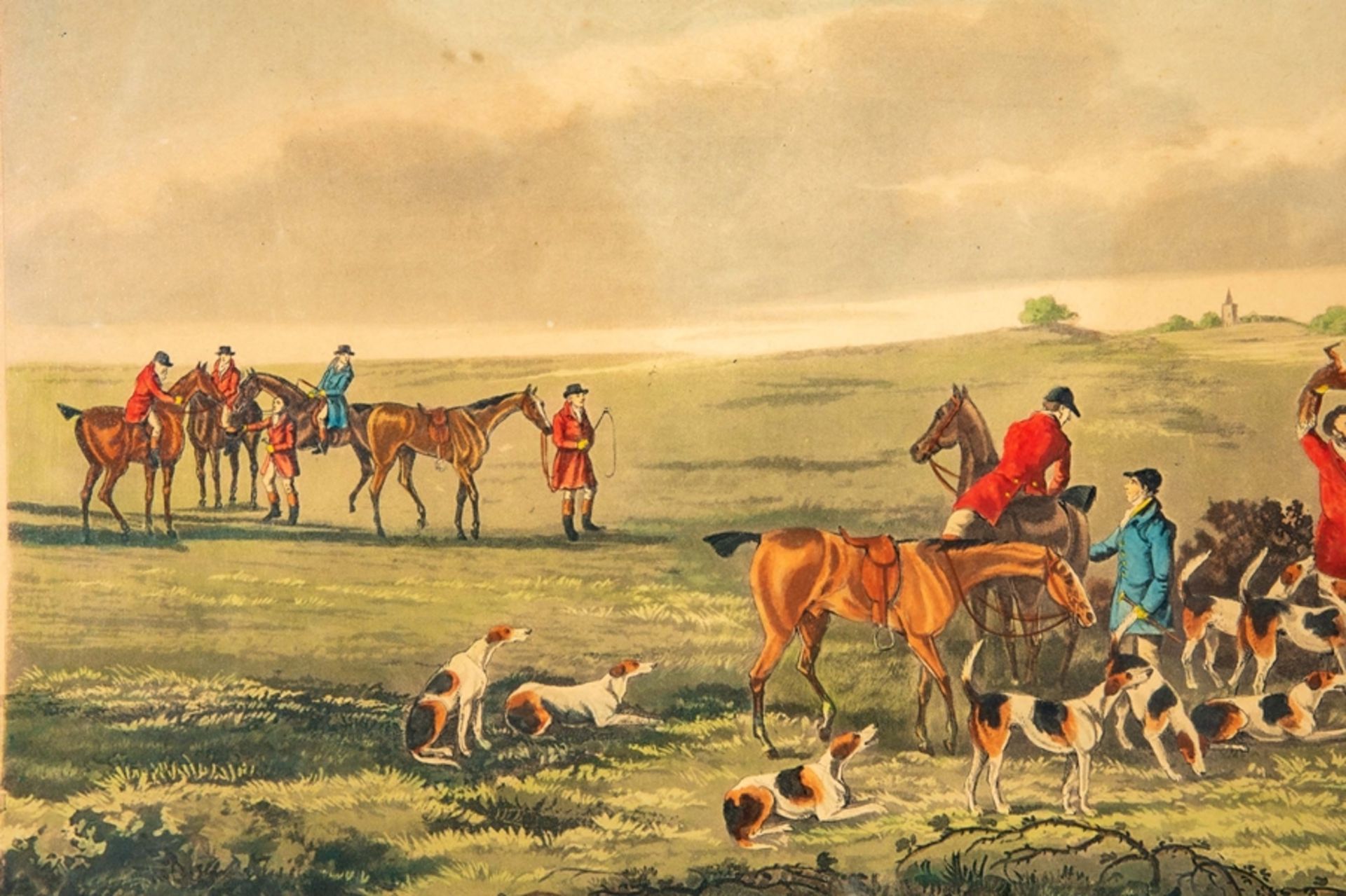 "FOX HUNTING" - hinter Glas gerahmte Farblithographie, England 19./ 20. Jhdt., Platte ca. 26 x 71,  - Bild 5 aus 12