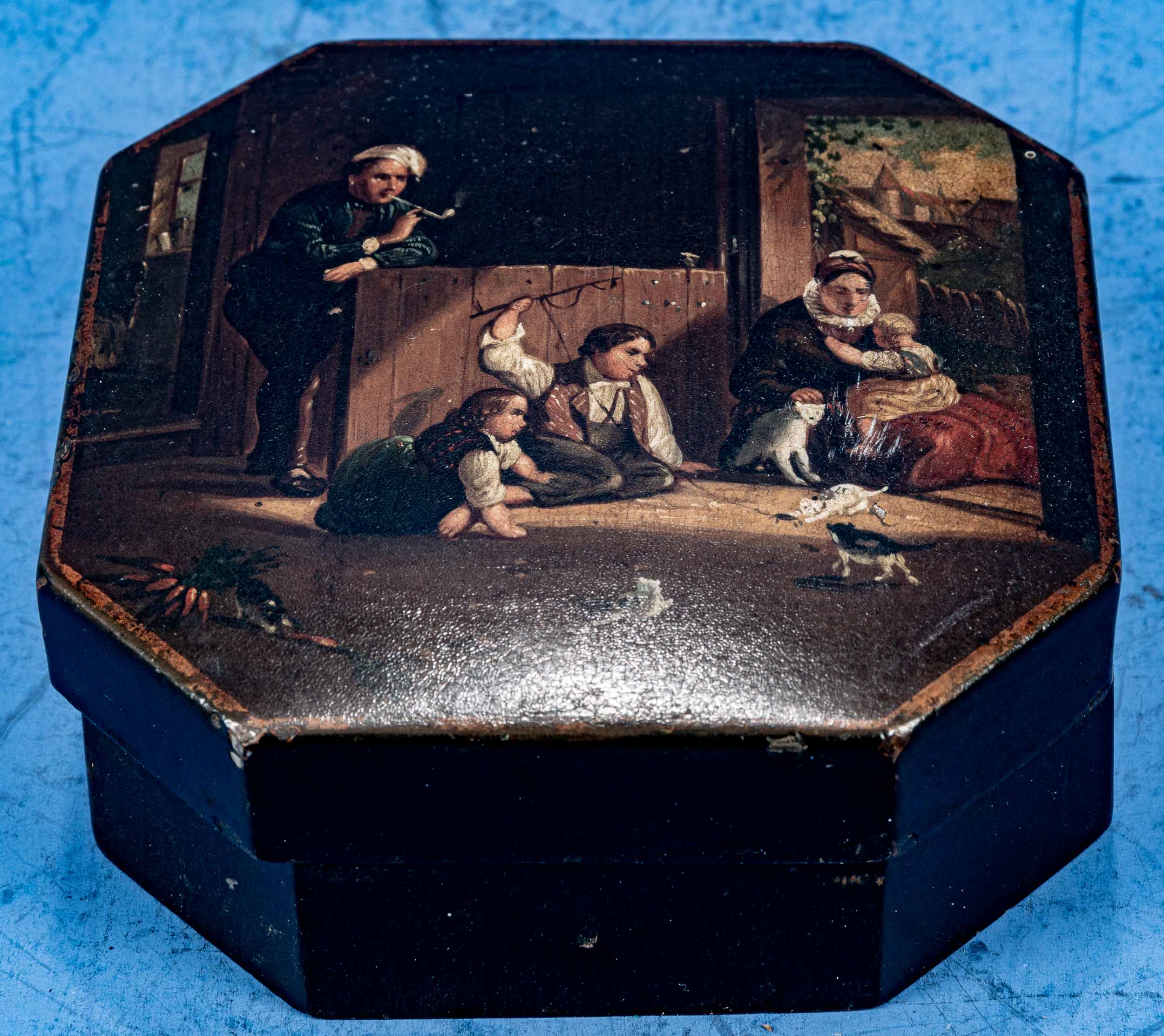 Antike achteckige Deckelschatulle, Holz, schwarz-brauner Fond, der Deckel aufwändig mit von Hand ge - Image 2 of 7