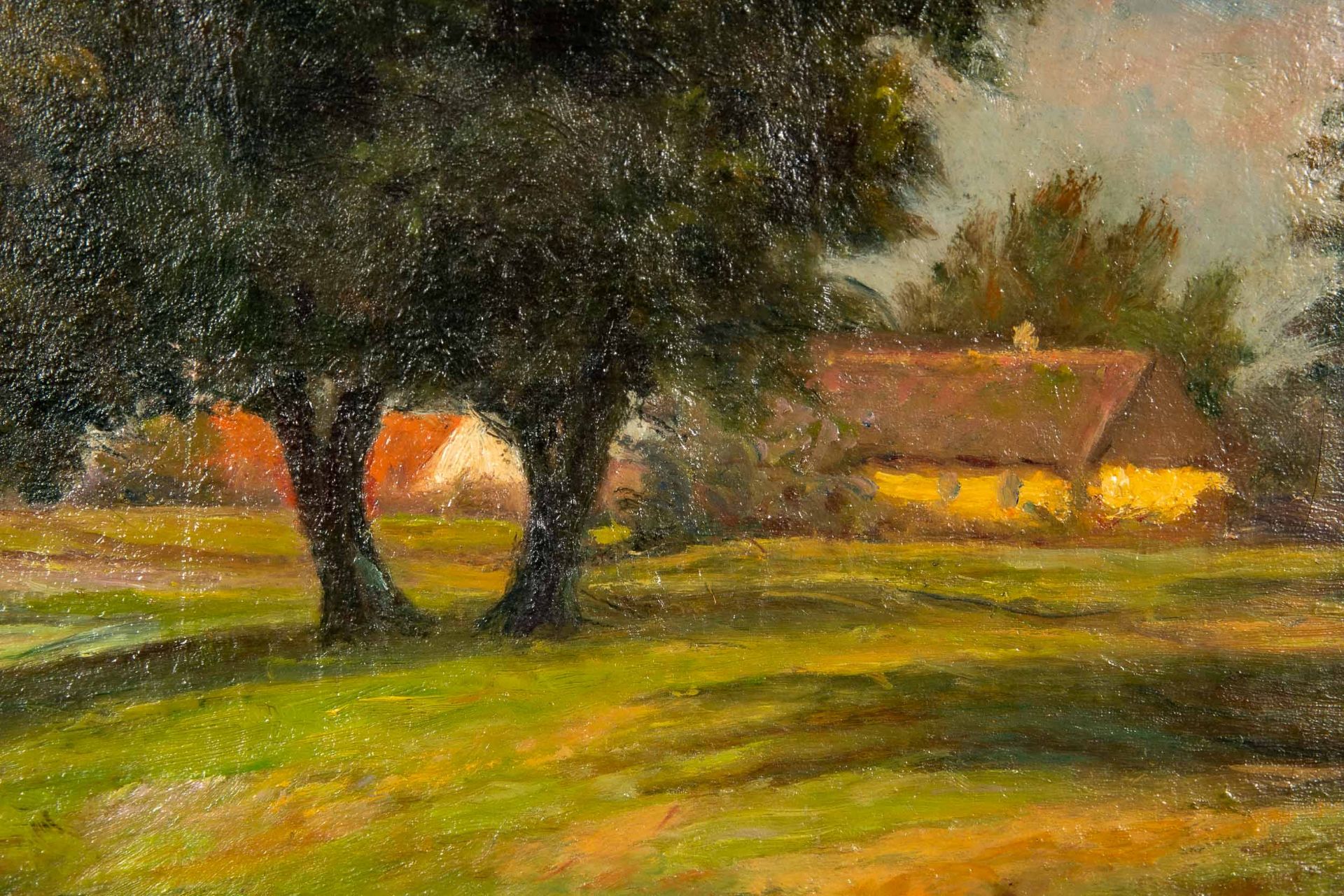 "Idyllische Dorfkulisse", kleinformatiges Landschaftsgemälde, Öl auf Leinwand, 1918 datiert; ca. 31 - Bild 4 aus 9