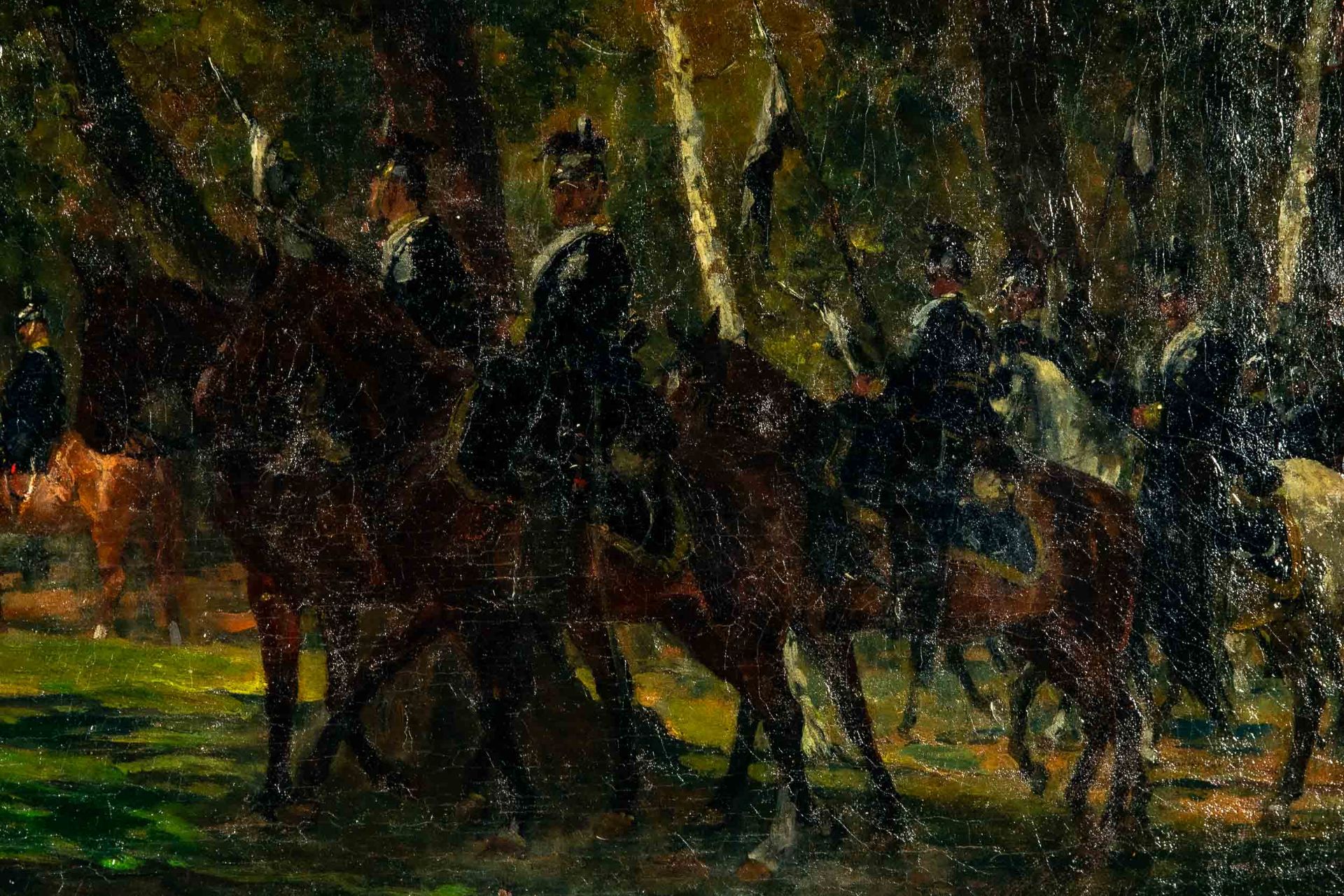 "Preußische Kavallerie in sommerlichem Wald" - Gemälde, Öl auf Leinwand, ca. 43 x 62 cm, unten rech - Image 4 of 10