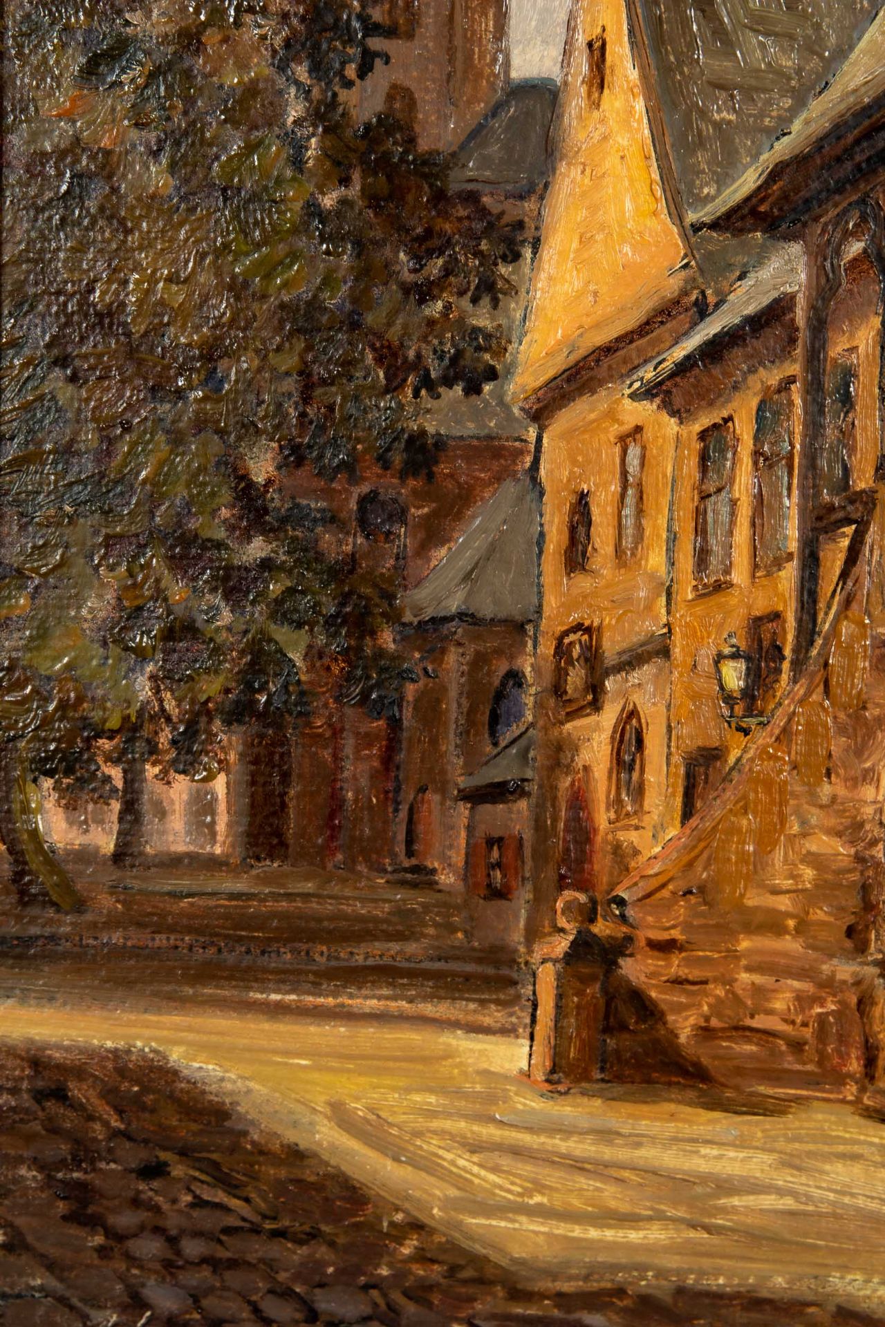 "Altstadtszene" Gemälde Öl auf Malkarton, ca. 37 x 29 cm, unten links undeutlich signiert, 1954 dat - Bild 5 aus 9