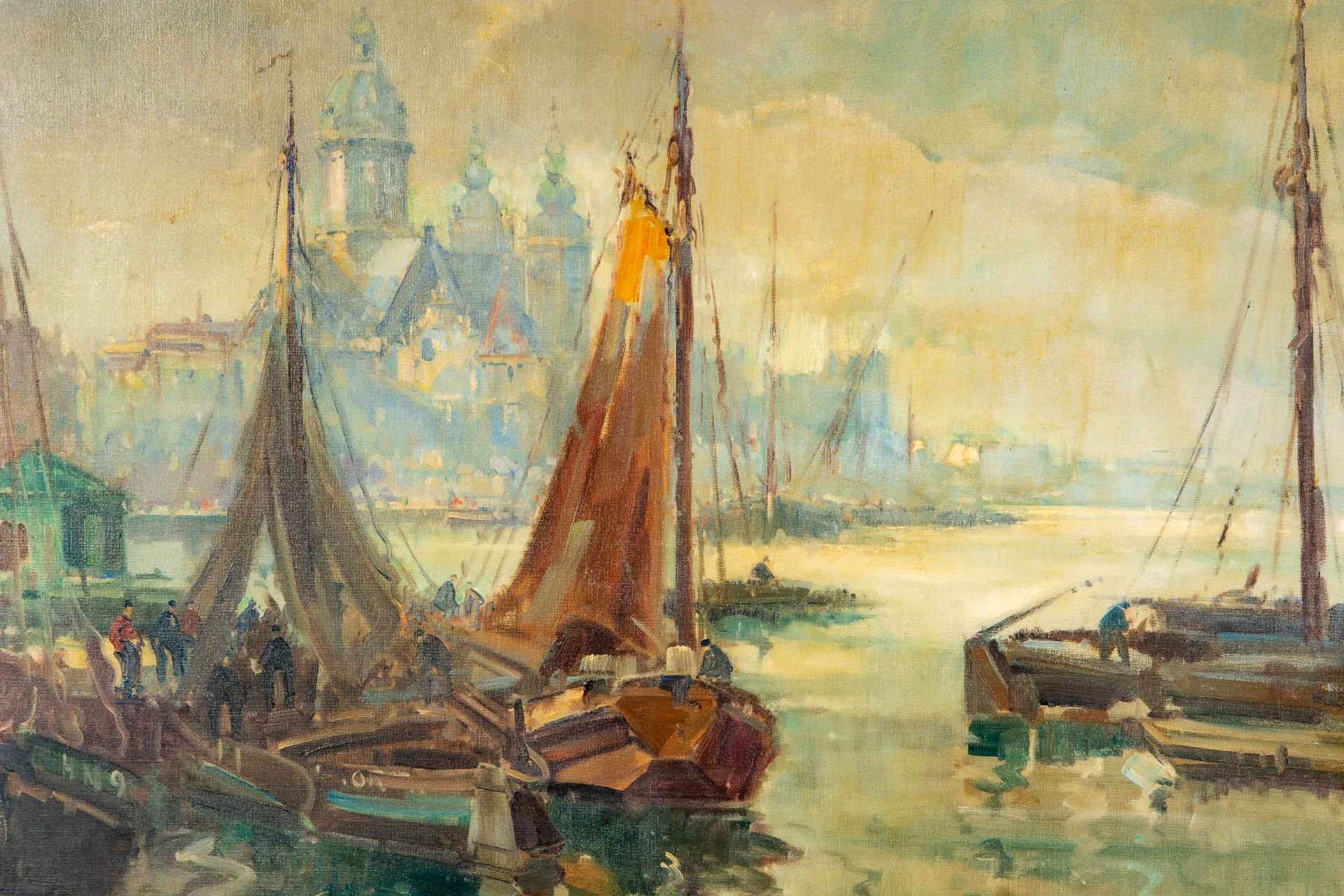 "Segelboote im Hafen vor städtischer Kulisse", Gemälde Öl auf Leinwand, unten rechts sign.: Otto HA - Image 3 of 10