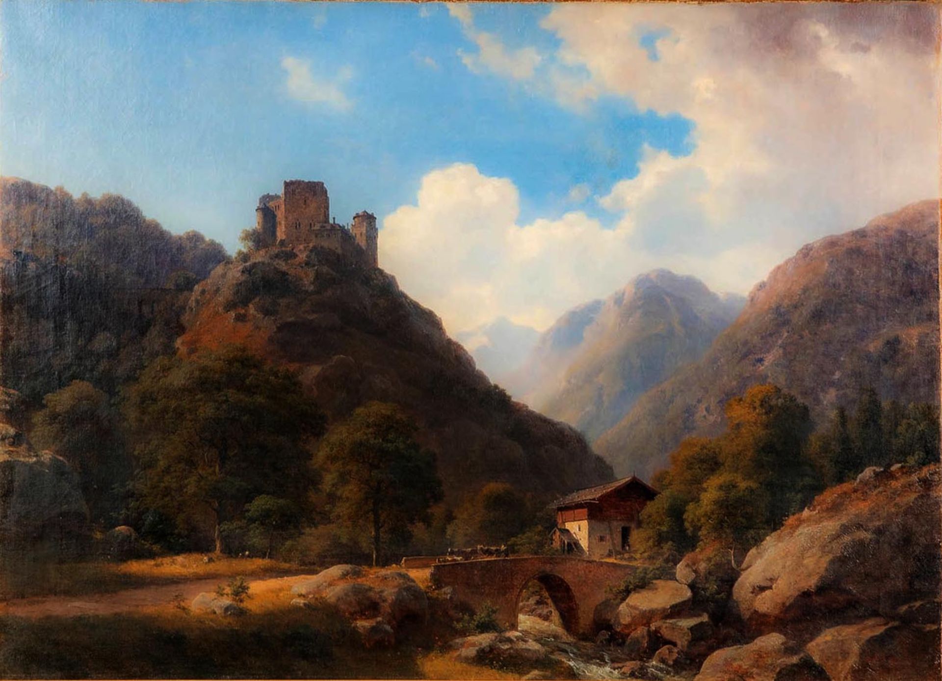 "Burgruine in alpiner Gebirgslandschaft", spätromantisches Gemälde, Öl auf Leinwand, ca. 71 x 100 c - Bild 2 aus 14