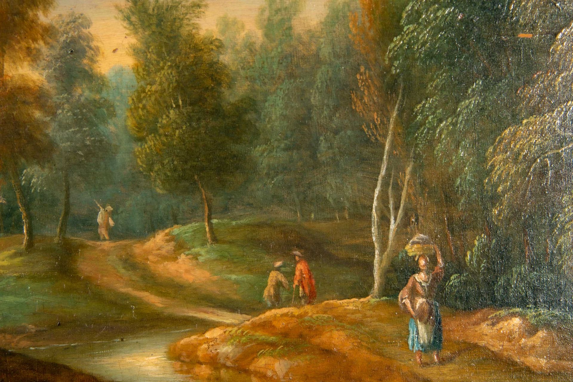 "Weite hügelige Waldlandschaft" mit Figurenstaffage, Gemälde, 18./19. Jhdt., Öl auf Holztafel, ca. - Image 6 of 8