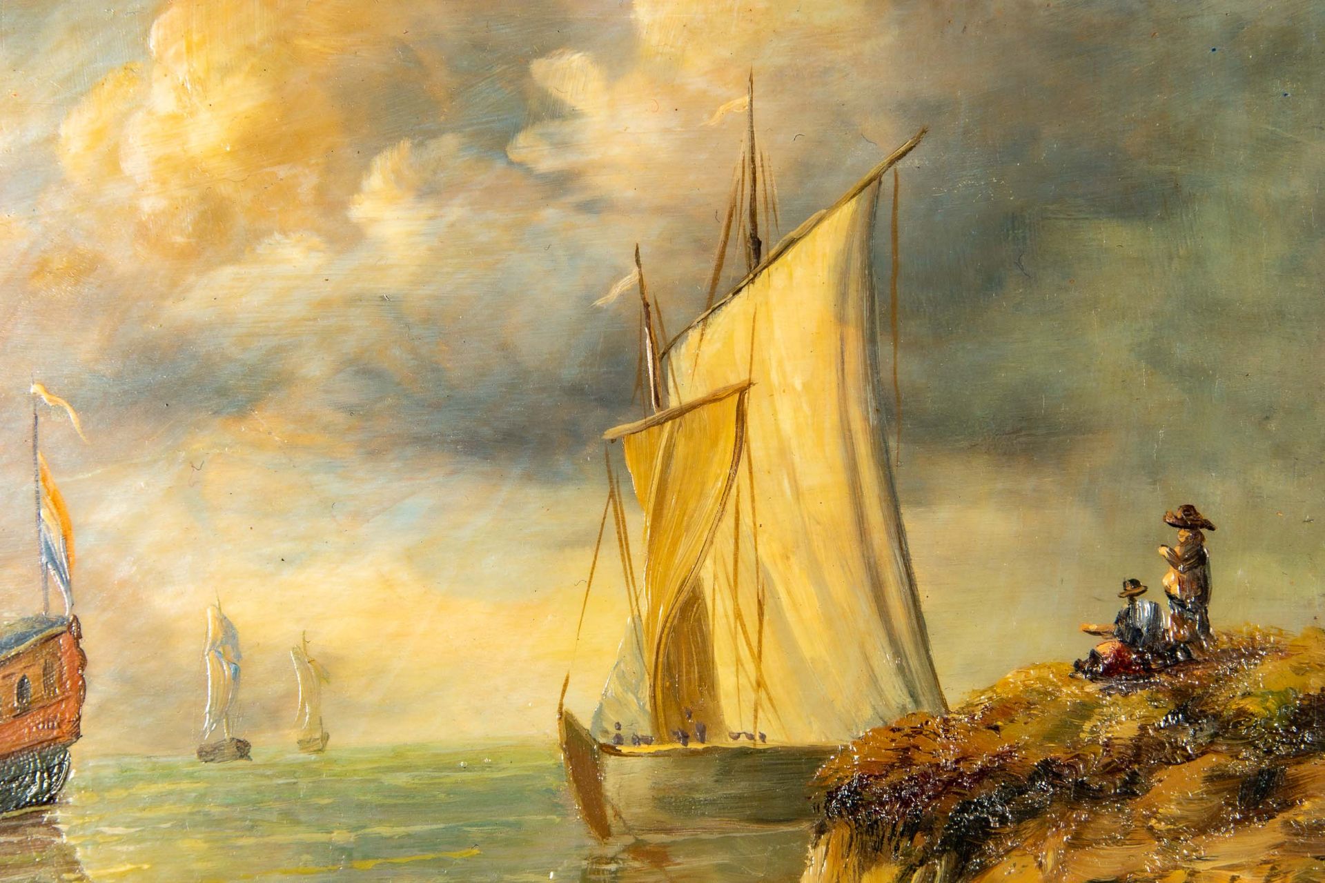 "Küstenstreifen mit Segelschiff & Booten", Gemälde, Öl auf Holztafel, ca. 25 x 20 cm; unten rechts - Image 6 of 7