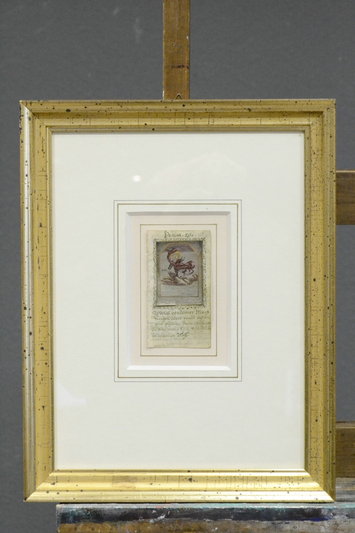 Antiker Kupferstich um 1700: "Psalm 59", altcoloriert, silbergehöht, auf handgeschriebenem Pergamen - Image 2 of 3