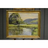 "Impressionistische Teich- und Wiesenlandschaft", unten links uneindeutig signiert, Gemälde, Öl auf