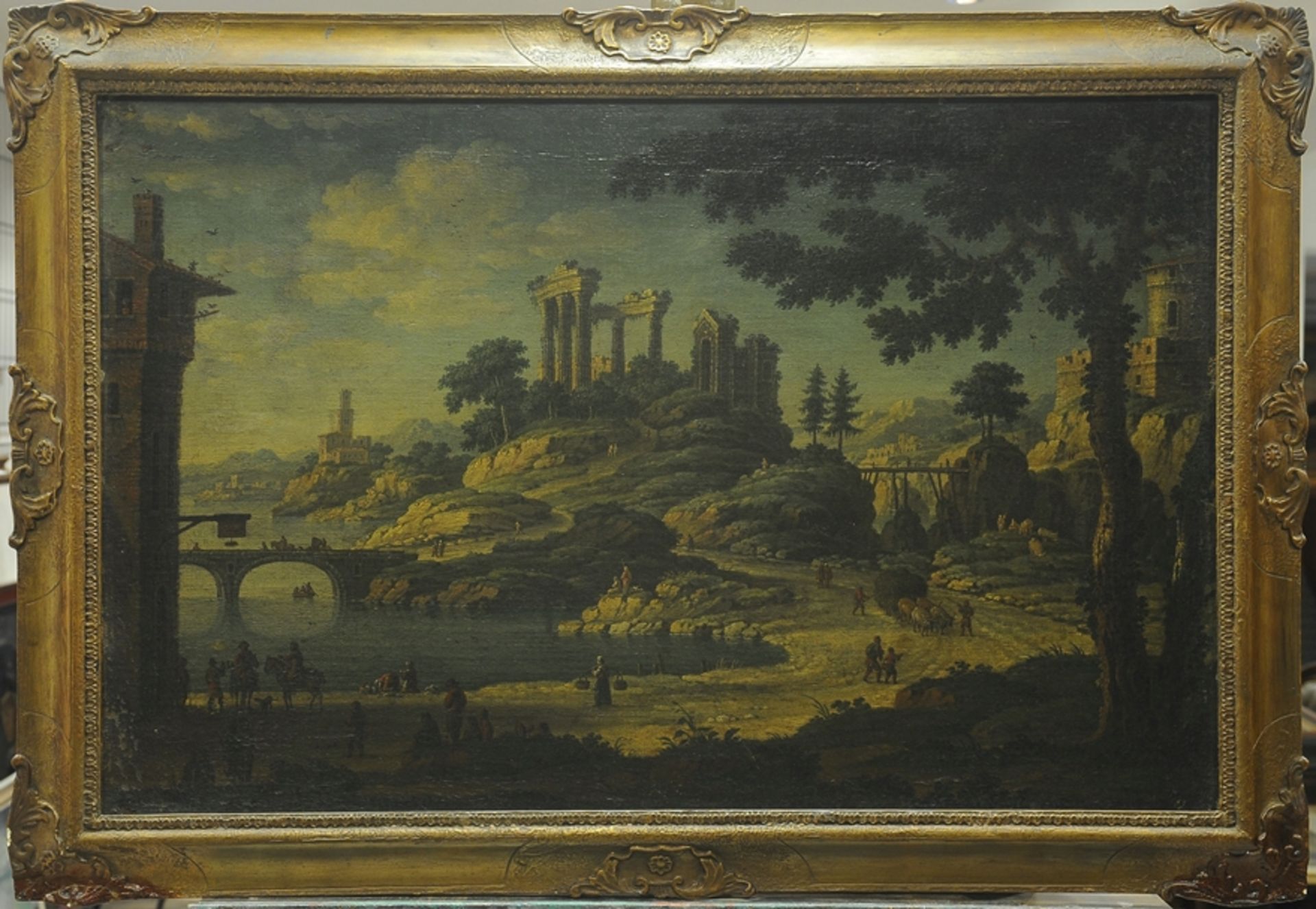 "Italienische Küstenlandschaft mit römischen Ruinen und reicher Figurenstaffage", Gemälde, Öl auf L - Image 2 of 10