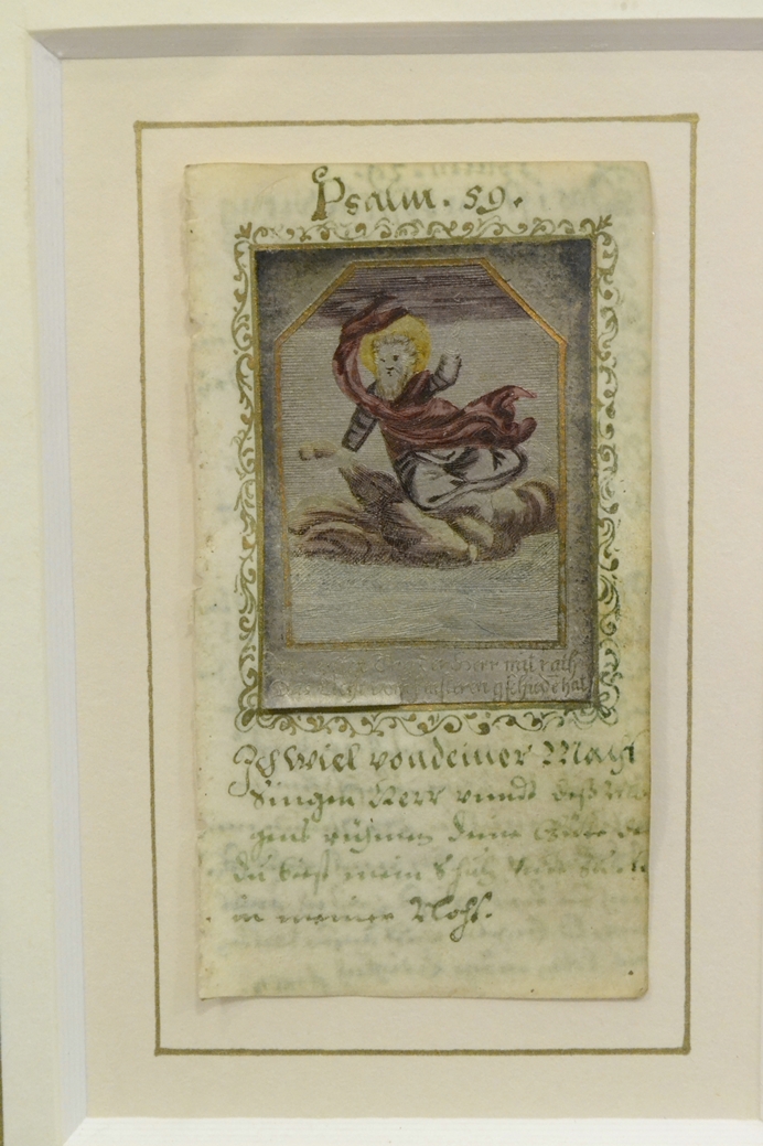 Antiker Kupferstich um 1700: "Psalm 59", altcoloriert, silbergehöht, auf handgeschriebenem Pergamen