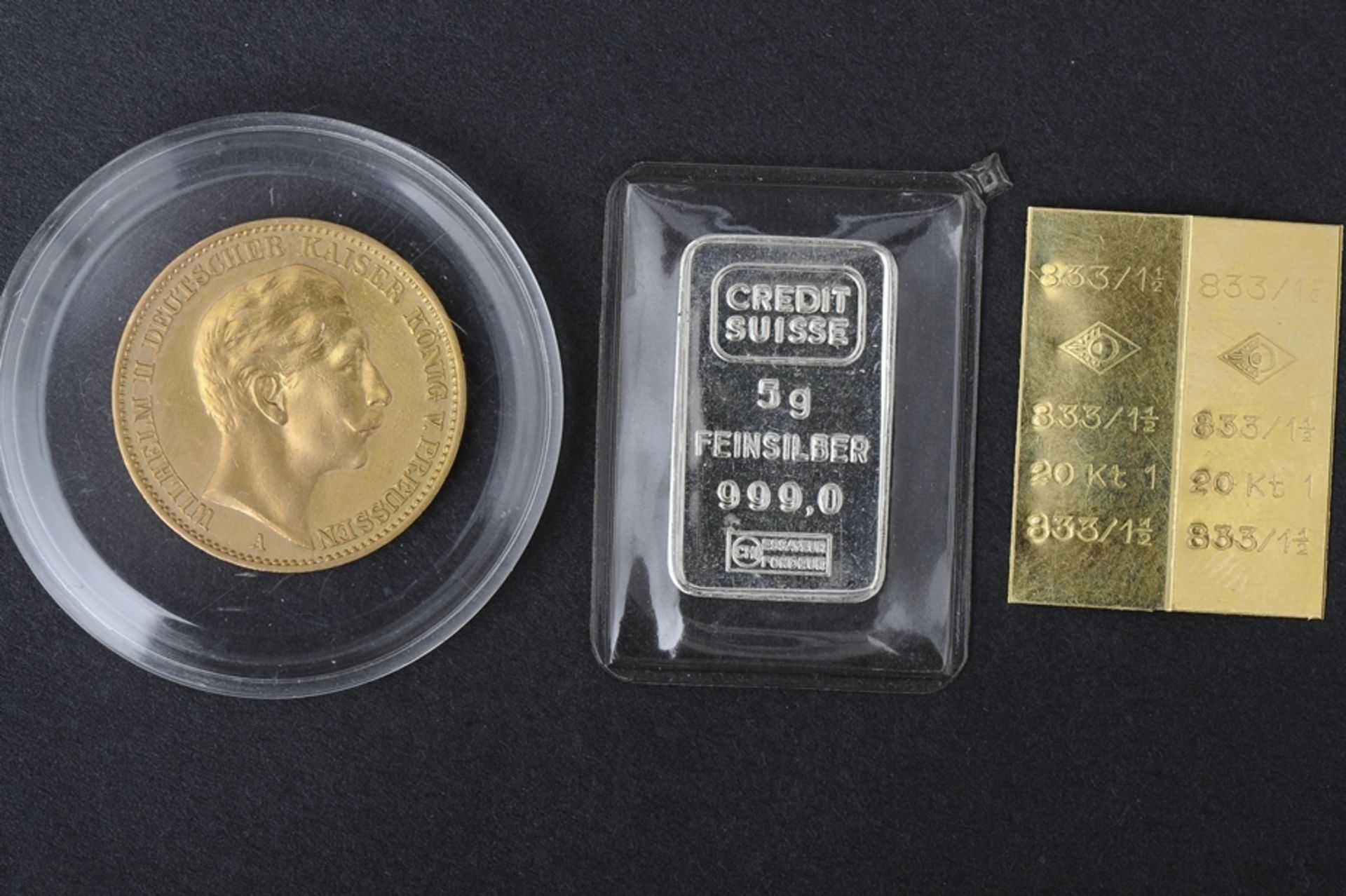 20 Goldmark - Preussen - 1911 - Buchstabe "A", kleine Feinsilberbarren - 5gr. - Credit Suisse sowie
