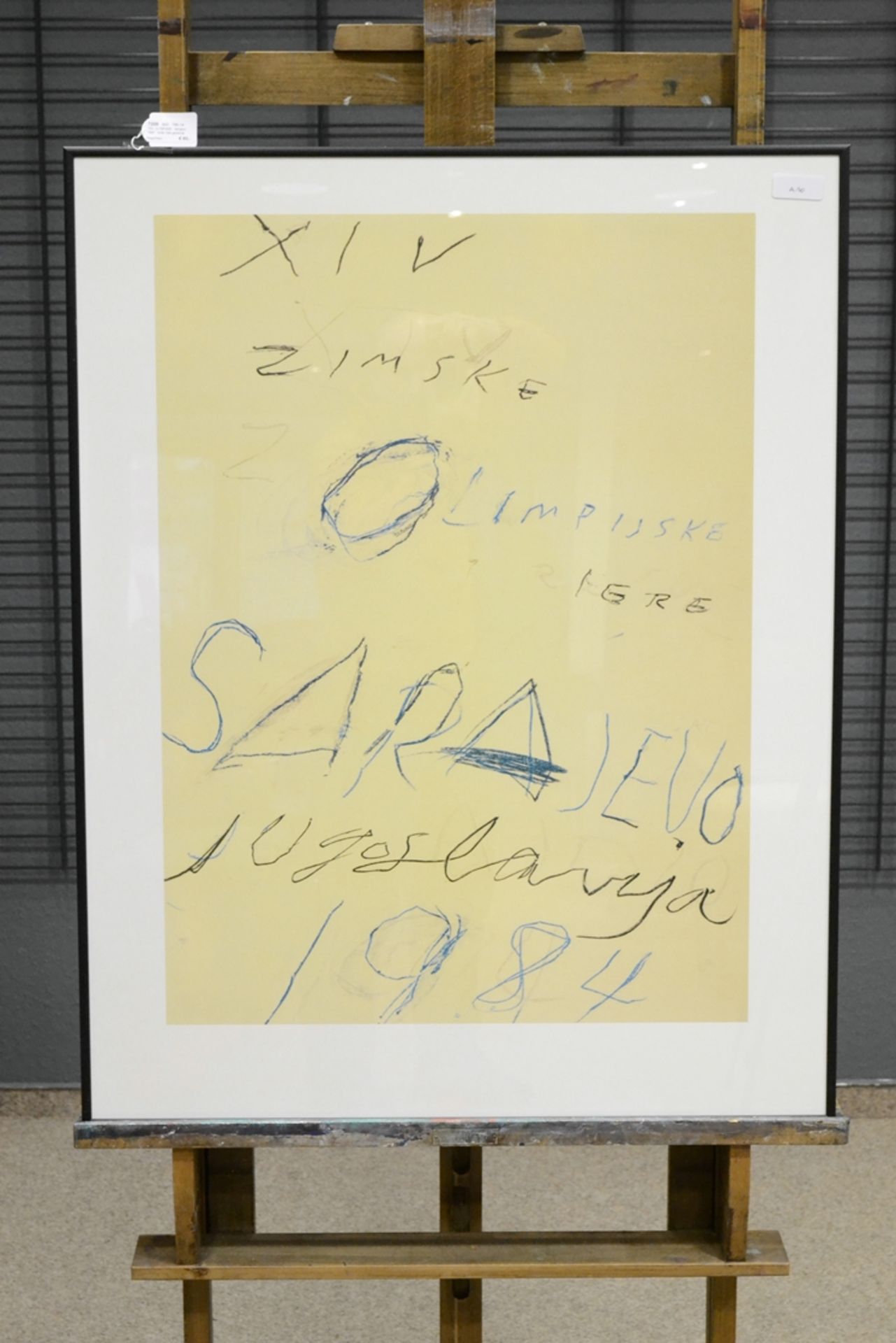 "XIV. OLYMPIADE - Sarajevo - 1984" - hinter Glas gerahmte Farblithographie, Entwurf Cy Twombly (Lex