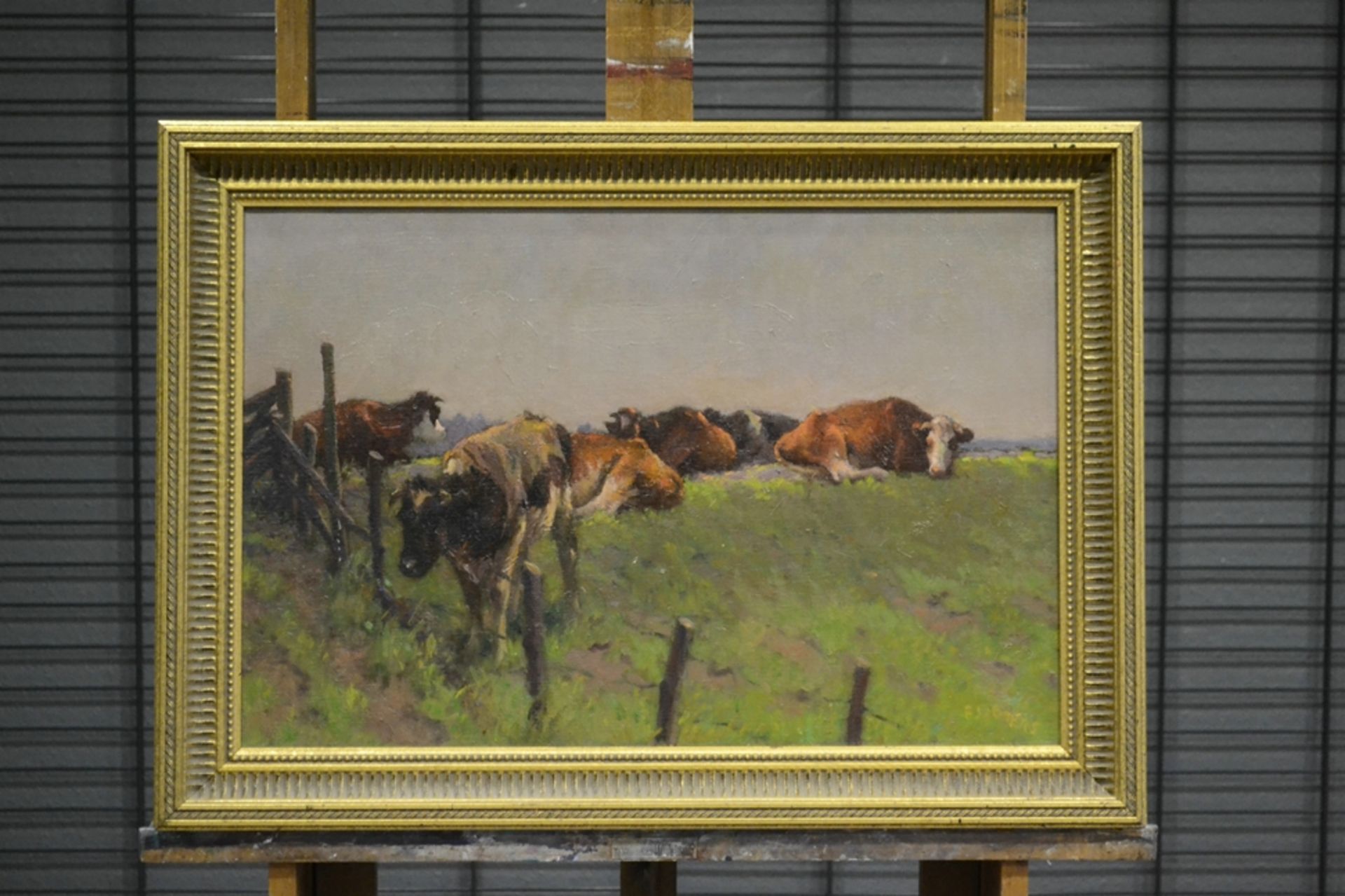 "Kühe" - Gemälde, Öl auf Leinwand, ca. 40 x 60 cm, unten rechts undeutlich signiert, Goldrahmen bei