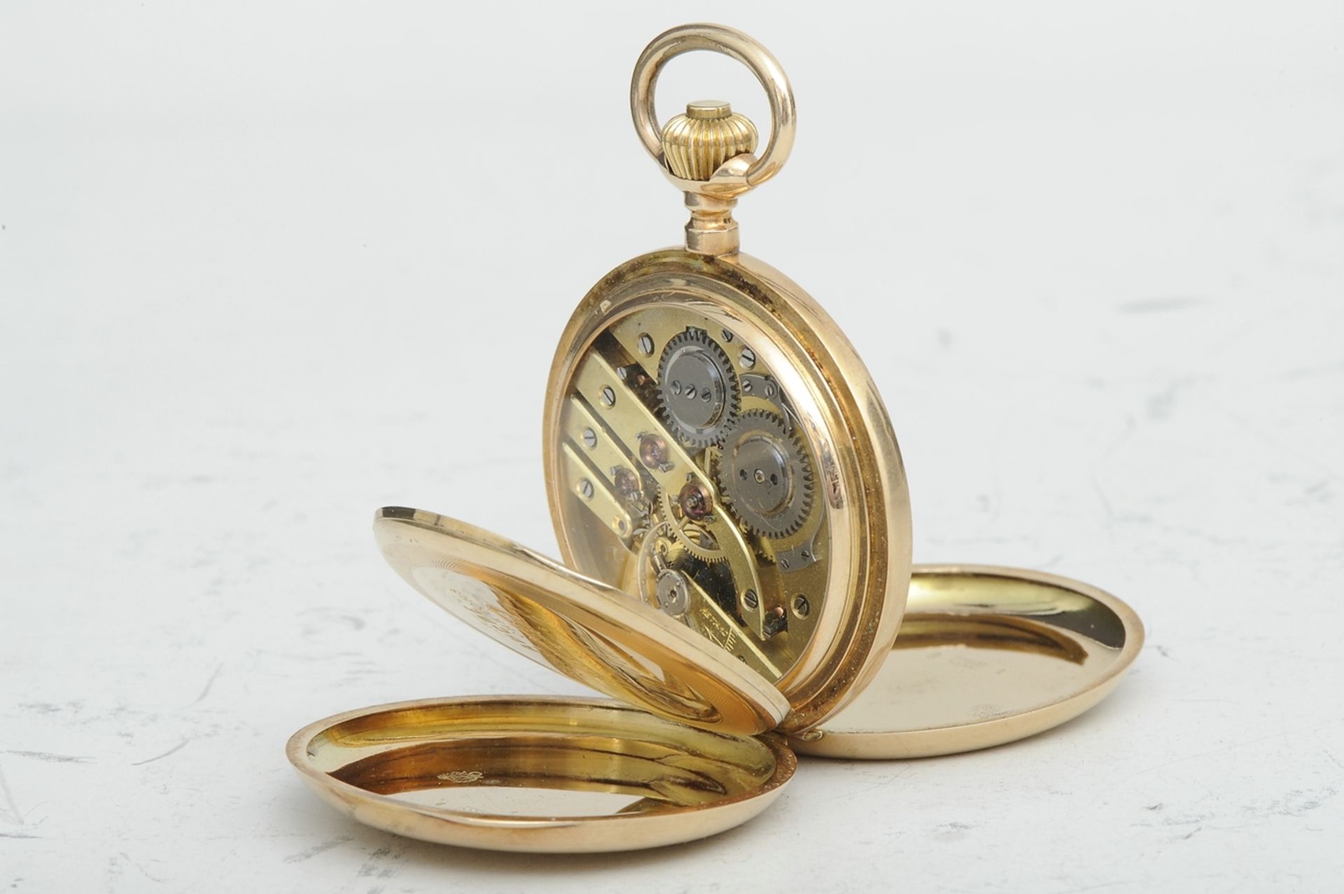 Schwere 585er Gelbgold Herrentaschenuhr, verglastes Uhrenwerk (!), 3 Deckel Gold,. Gehäusedurchmess - Bild 4 aus 12