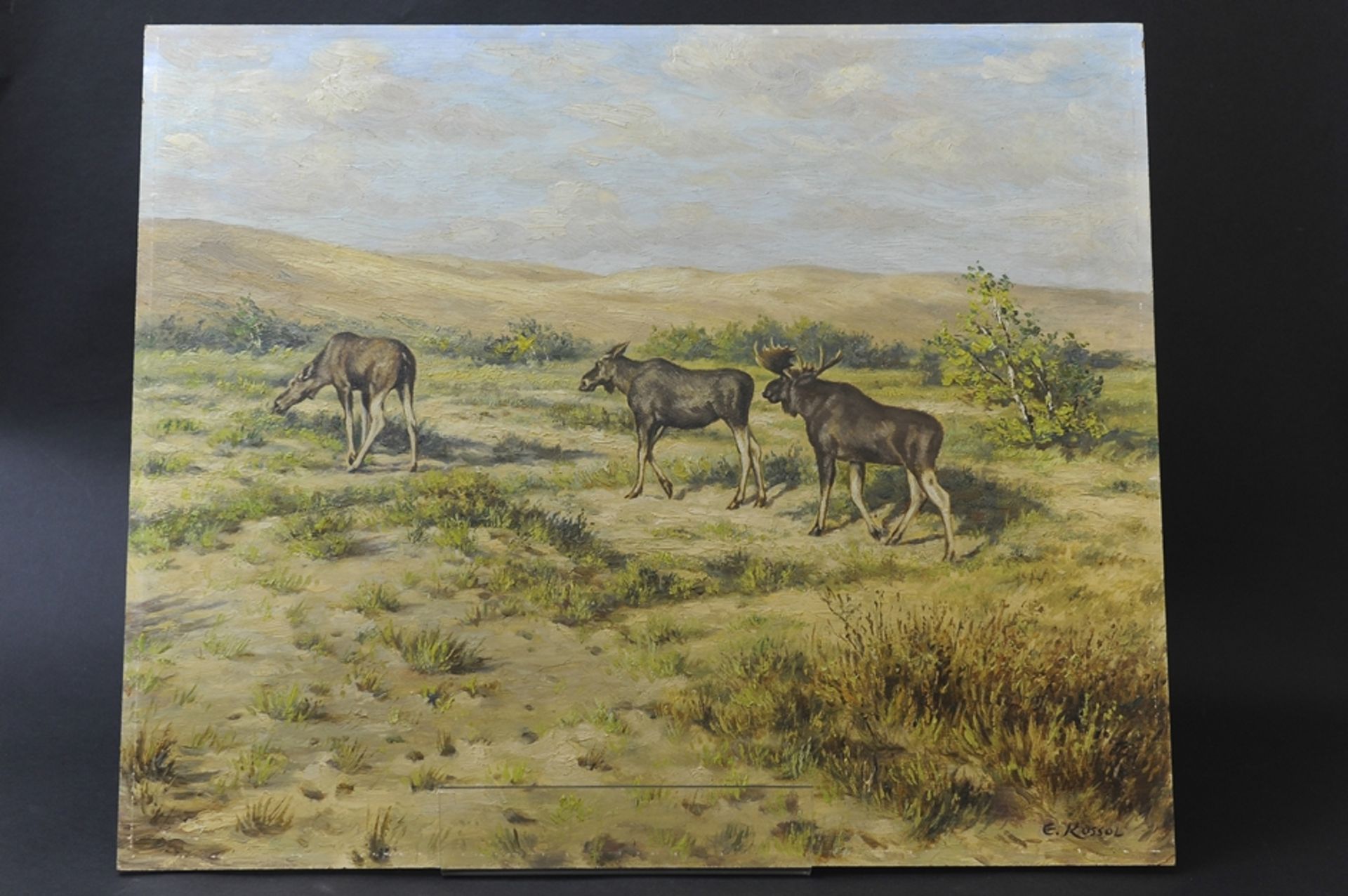 "Elche" in weiter Landschaft, Gemälde, Öl auf Schichtholzplatte, ca. 50 x 60 cm, unten rechts signi