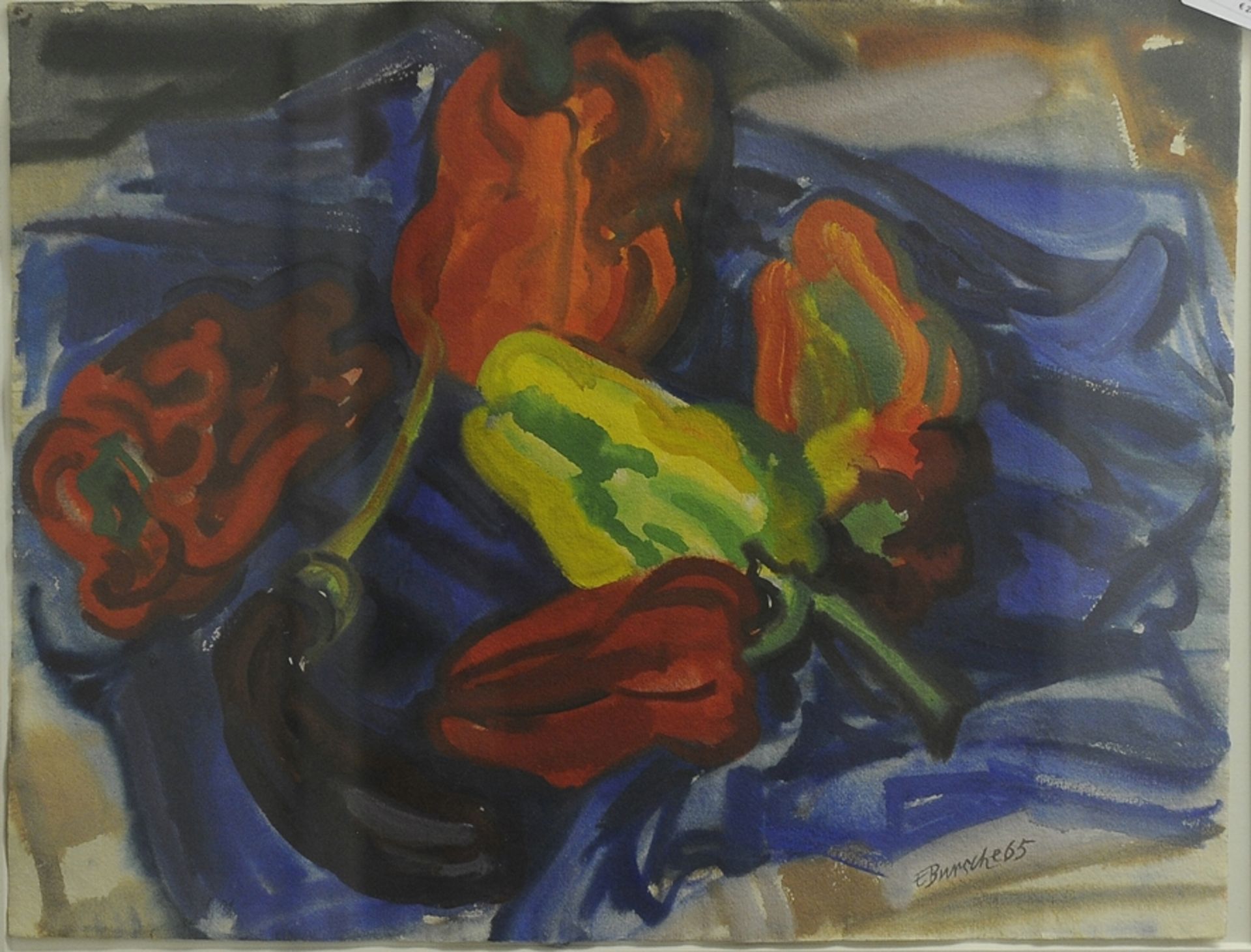 "Stillleben mit Paprika" - hinter Glas in Passepartout gerahmt, lichtes Blattmaß ca. 60 x 47 cm, un