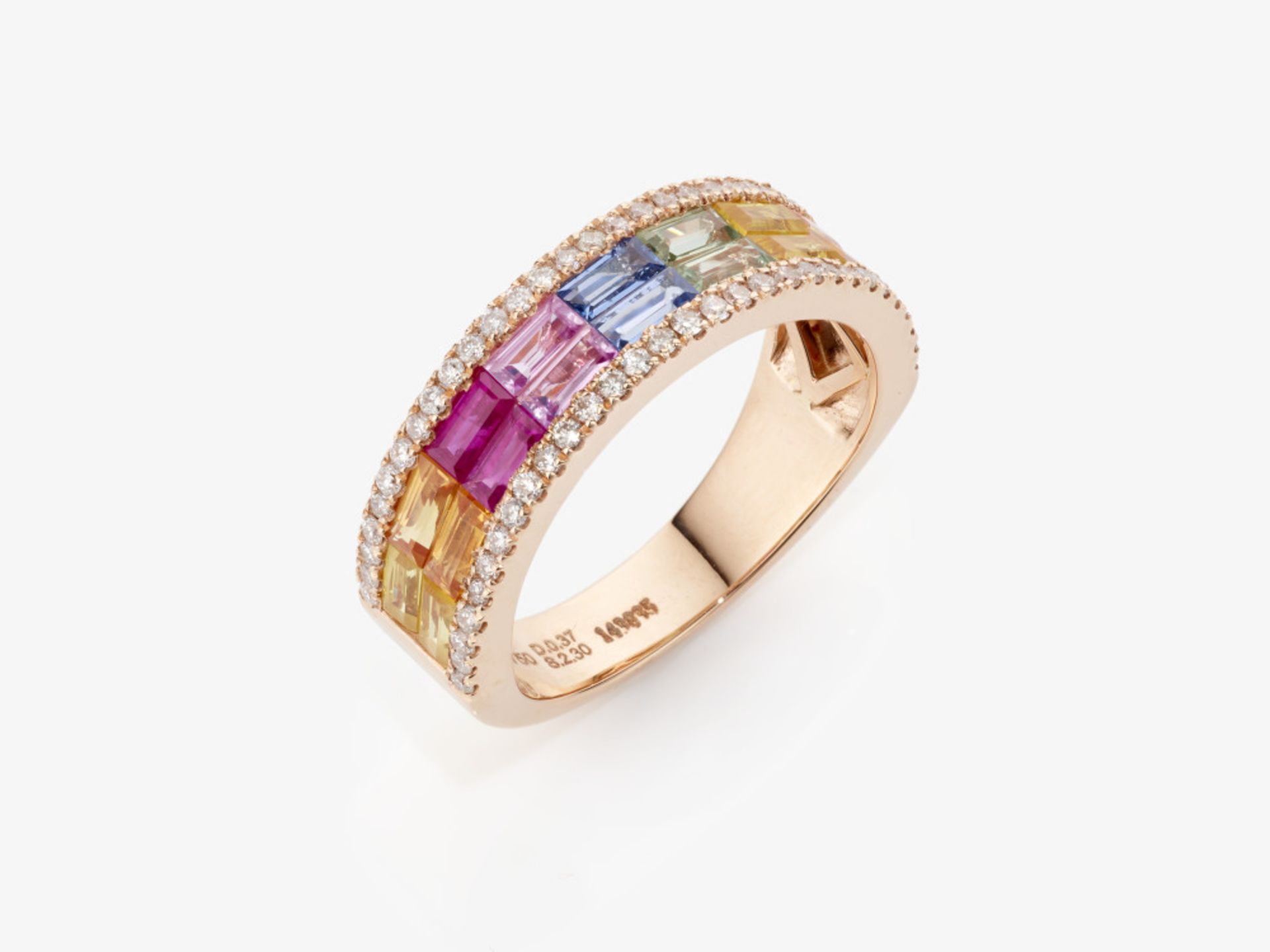 A band ring decorated with multi-coloured sapphires and brilliant-cut diamonds