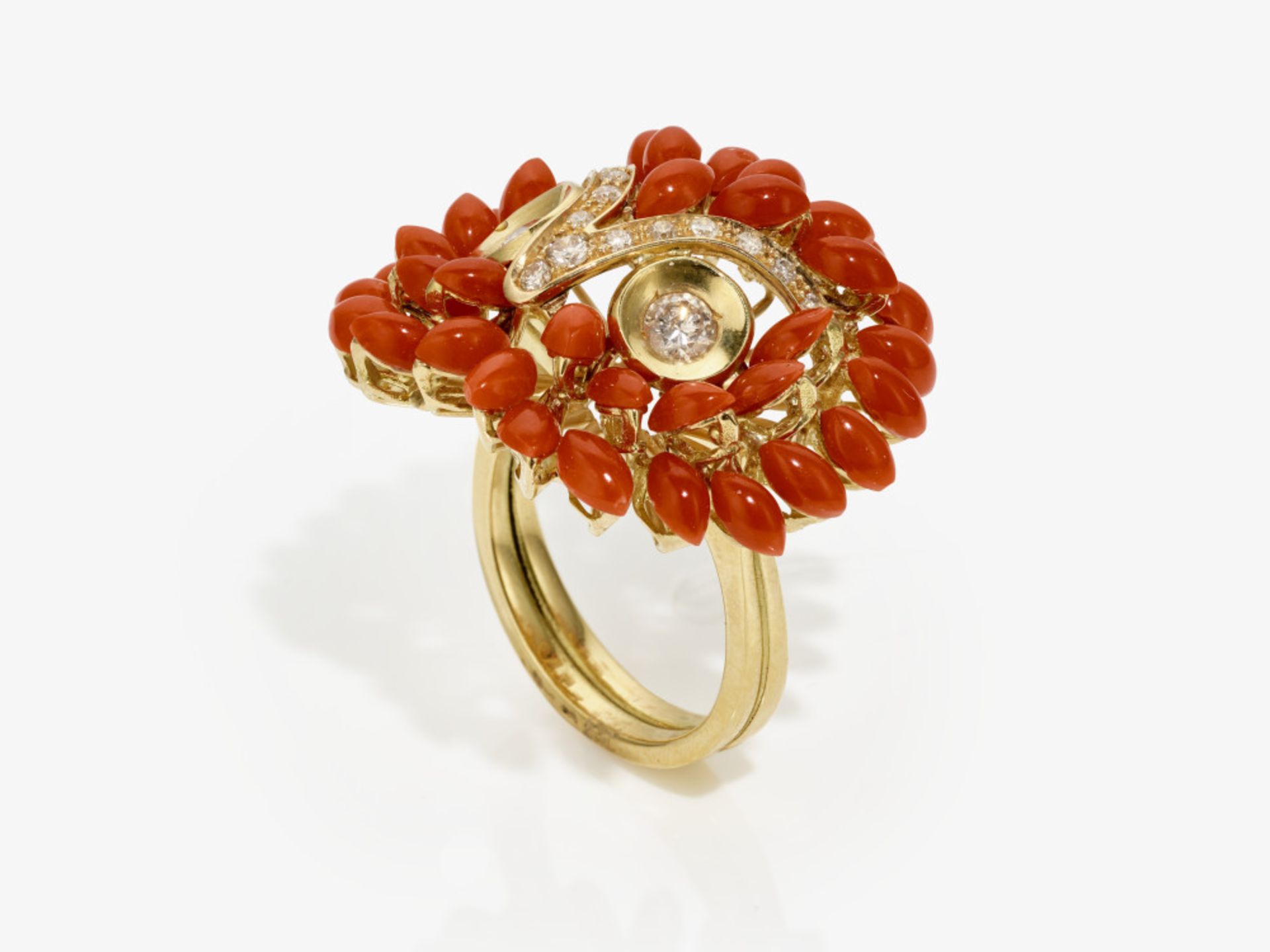 A  coral and brilliant cut diamond owl face ring - Image 2 of 4