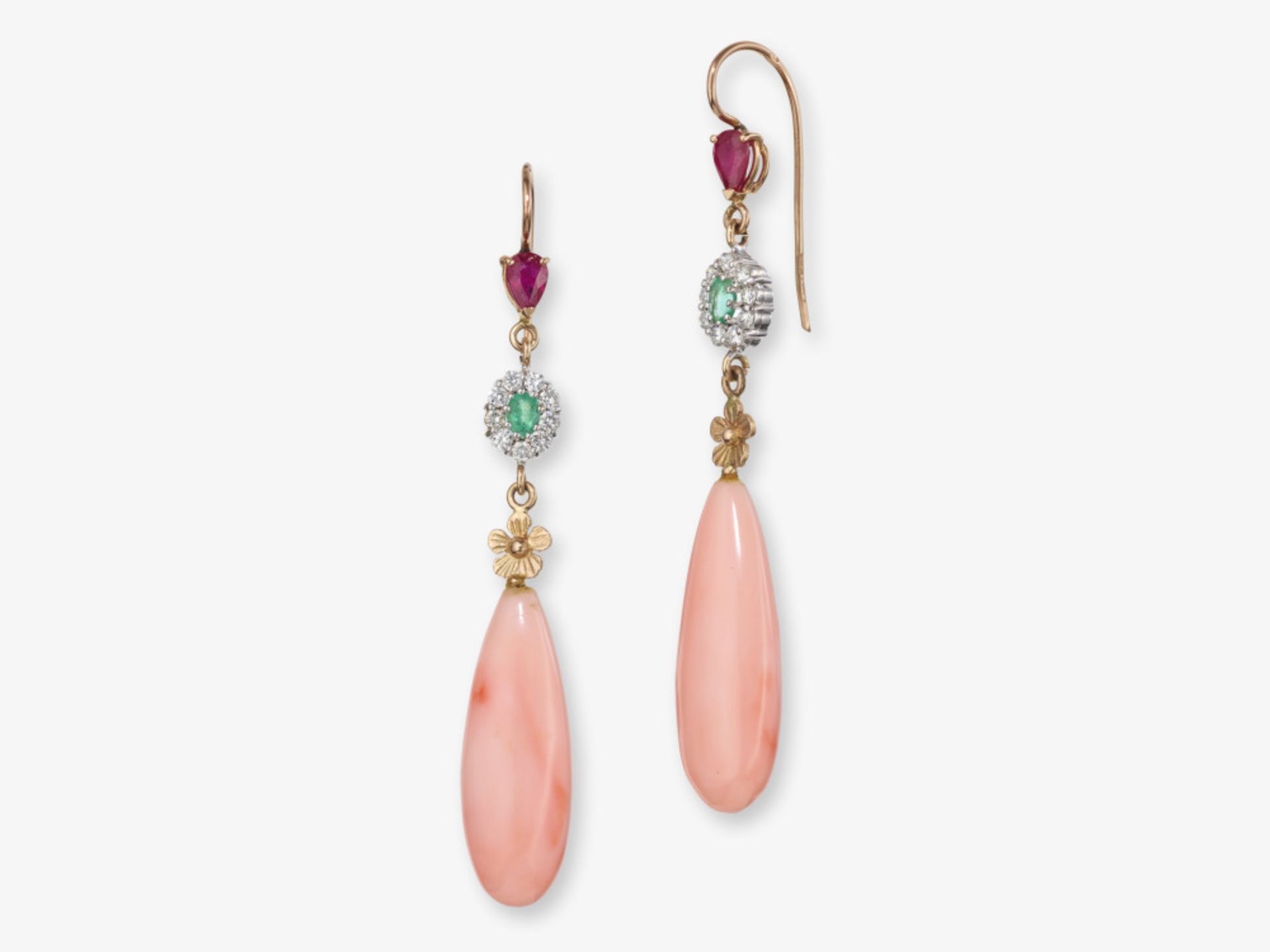 A pair of drop earrings with coral, rubies, emeralds and brilliant-cut diamonds - Image 2 of 2