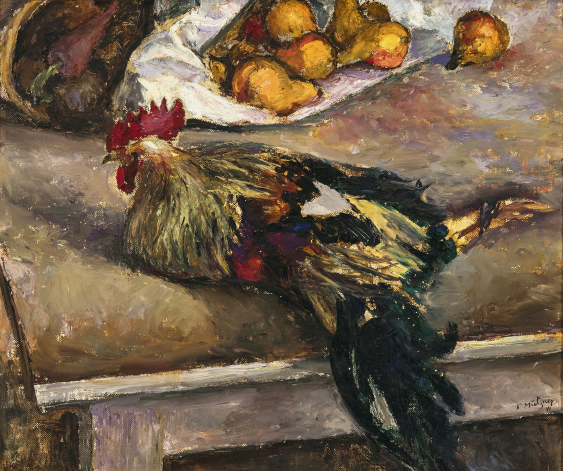 Still life with fruits and cock