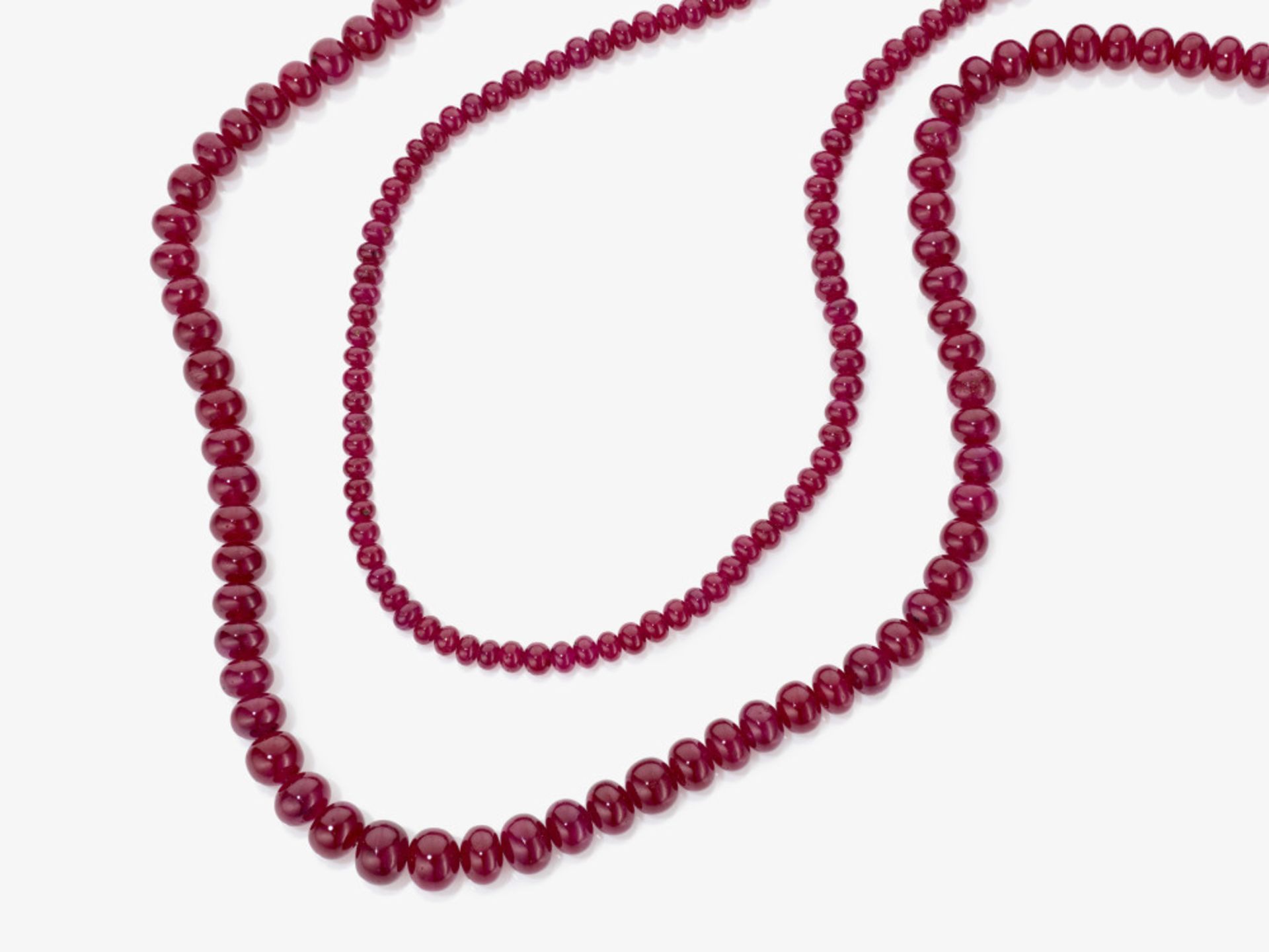 A sautoir: rare Burmese old mine ruby bead necklace