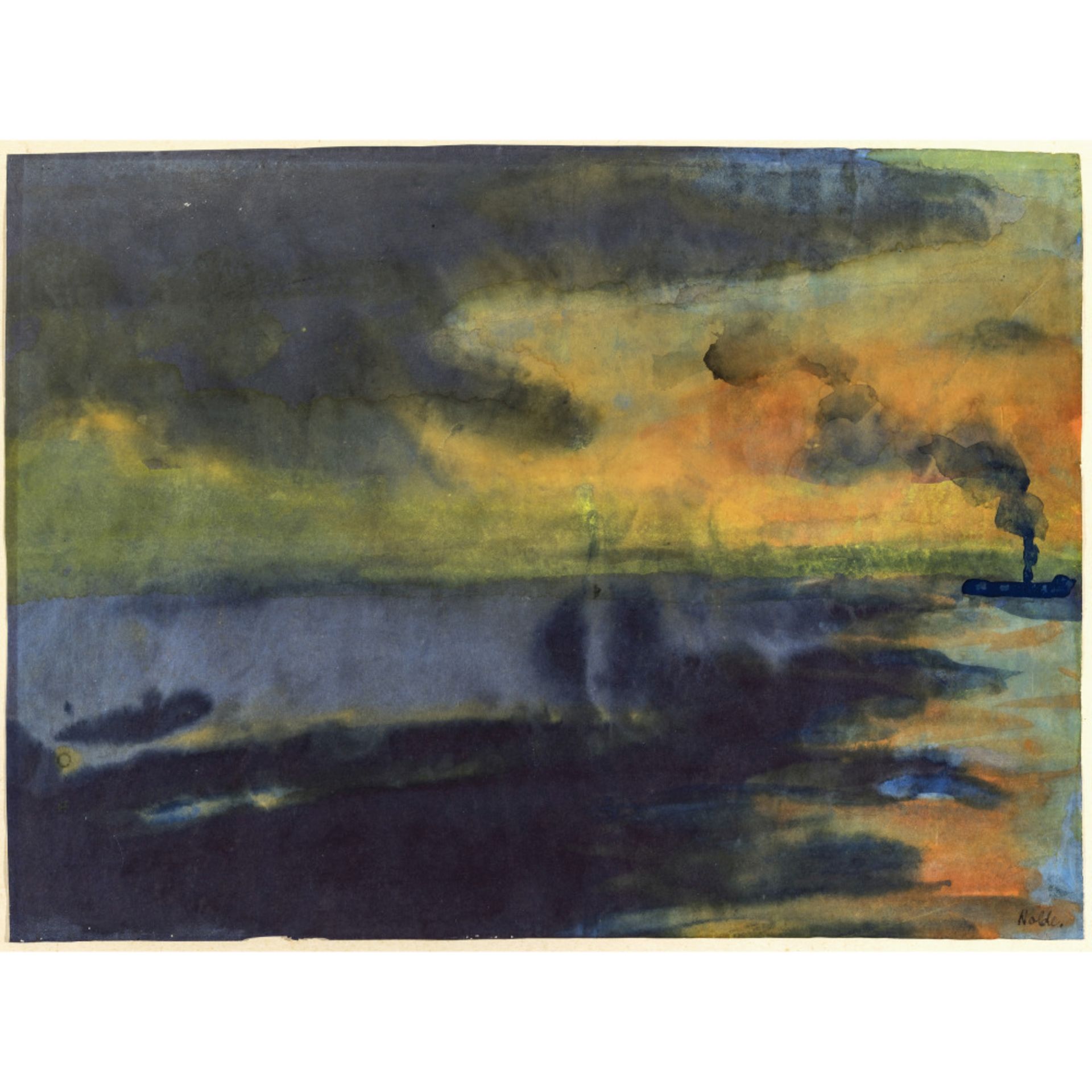 Emil Nolde  - Abendliches Meer mit Dampfer. Um 1930/40   