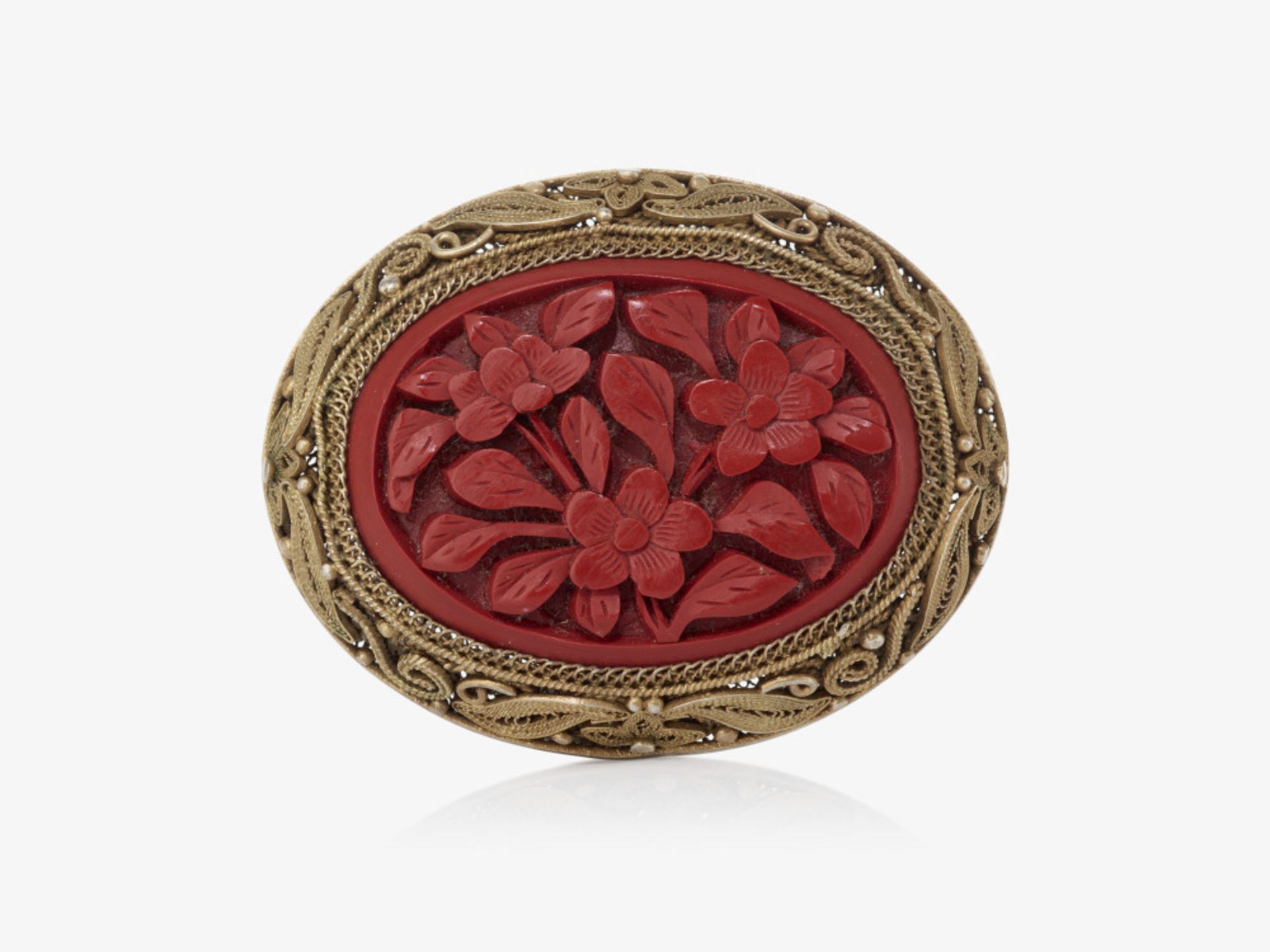 Garnitur mit rotem Urushilack, bestehend aus Kette, Armband, Brosche, Ring, Paar Ohrclips - Bild 10 aus 12
