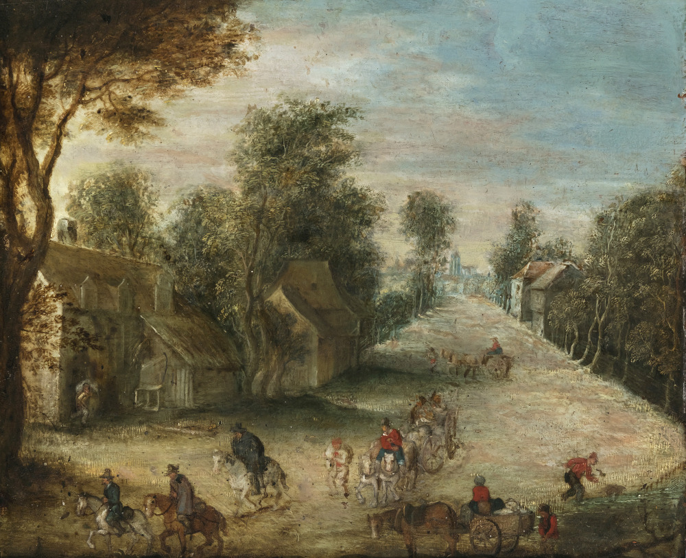 Wooded village street with riders and horse-drawn carriages