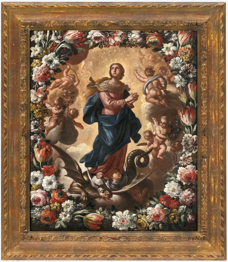 Mary Immaculate with angels surrounded by a garland of flowers - Image 4 of 4