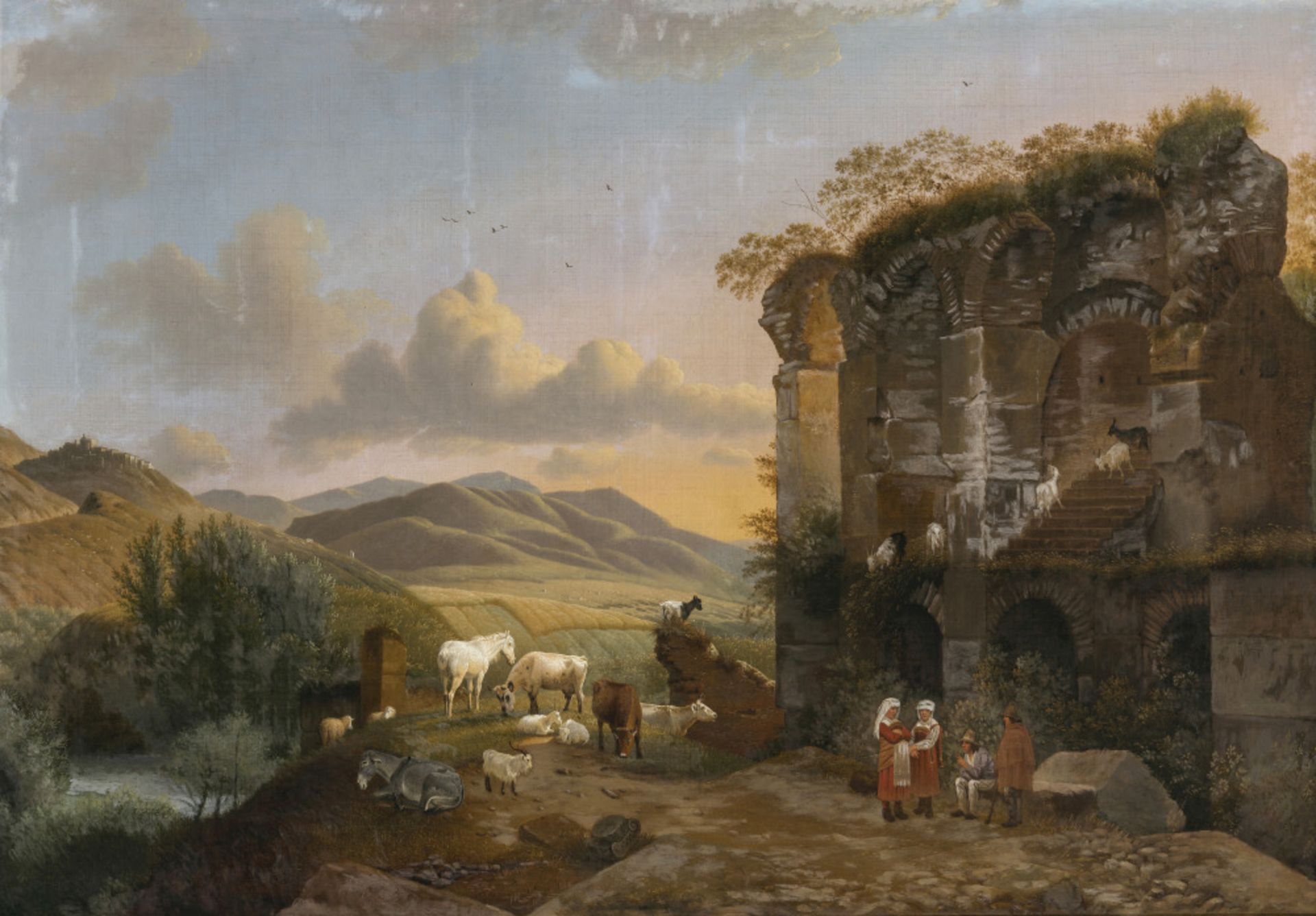 Unbekannt 1. Hälfte 19. Jh.   - Italienische Landschaft mit Ruine, Vieh und Figurenstaffage   