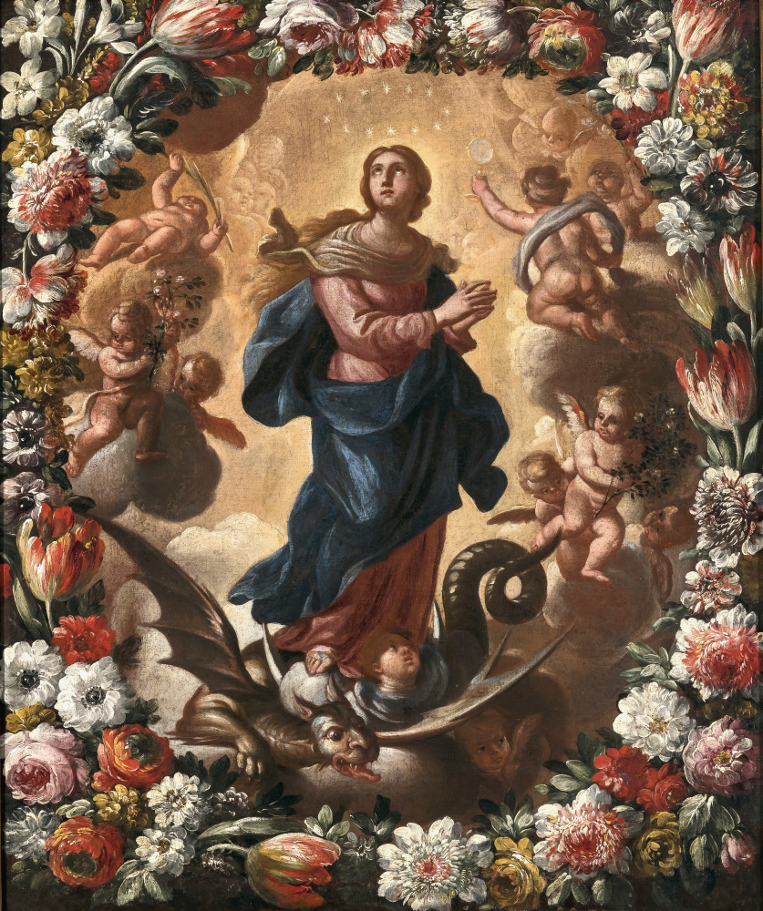 Mary Immaculate with angels surrounded by a garland of flowers